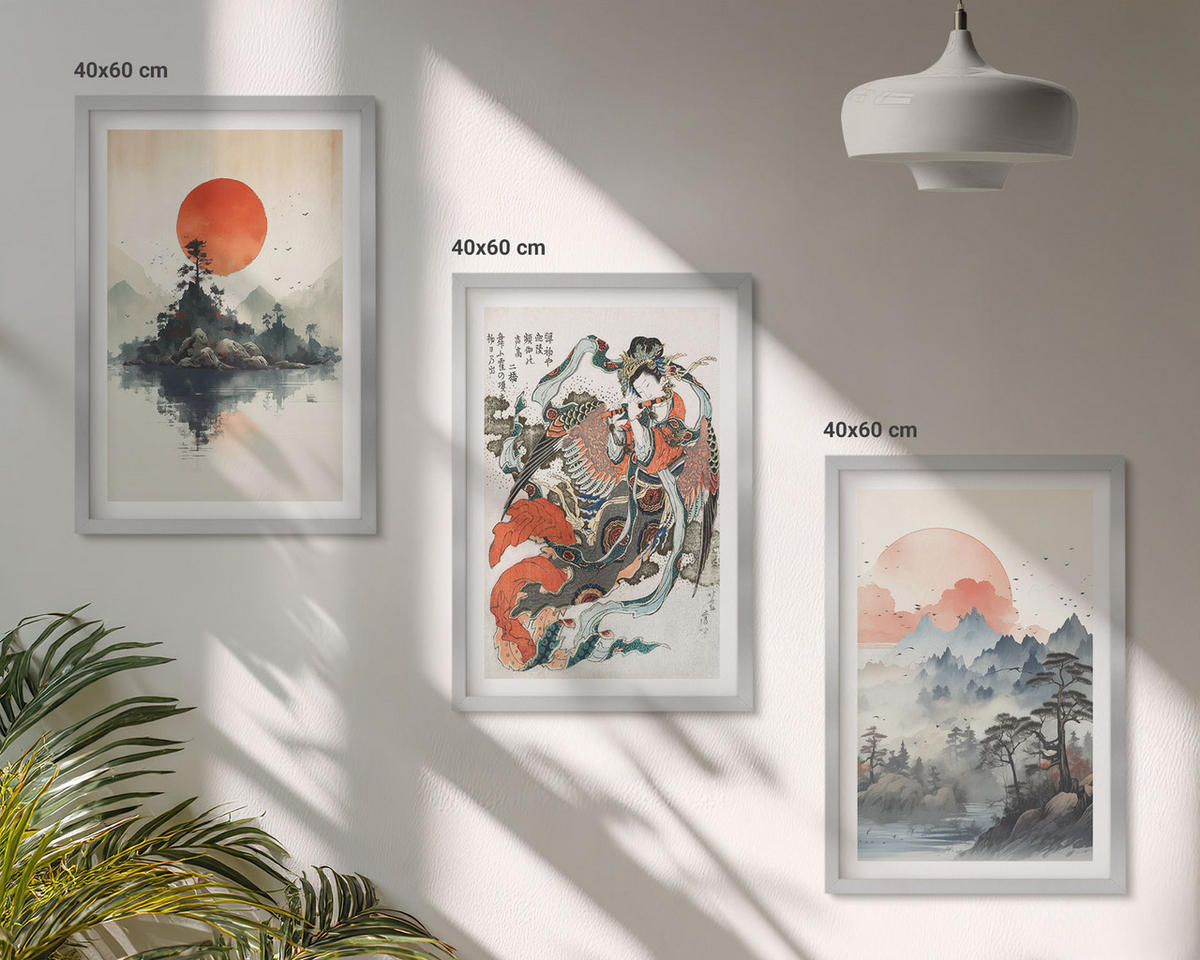 WANDBILDER 3er Set - 40x60 cm Silberner Rahmen - Asiatische Japandi-Malereien - Silberfarben, Kunststoff (40/60cm) - ArtPrintCave