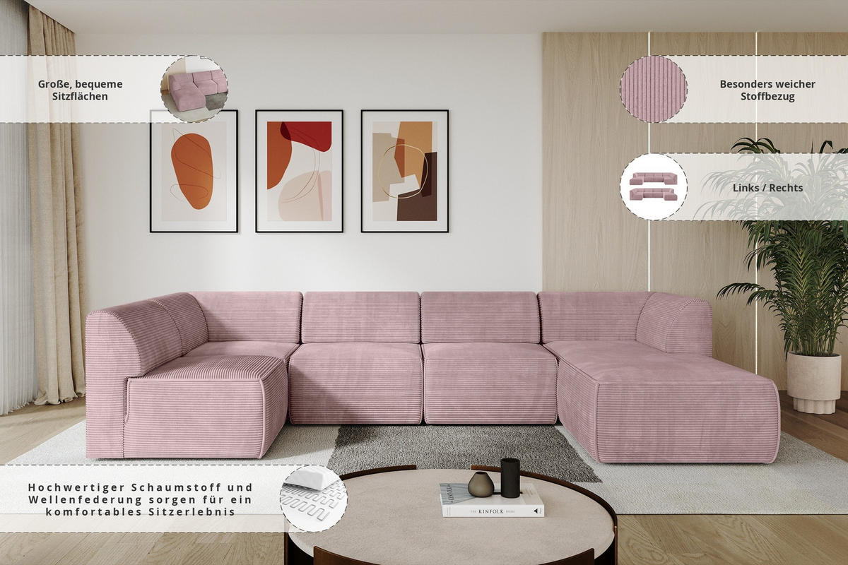 WOHNLANDSCHAFT Ottomane Rechts MOVA 345x180x78 Rosa Cord - Schwarz/Rosa, Holzwerkstoff/Kunststoff (345/78/180cm) - ALTDECOR
