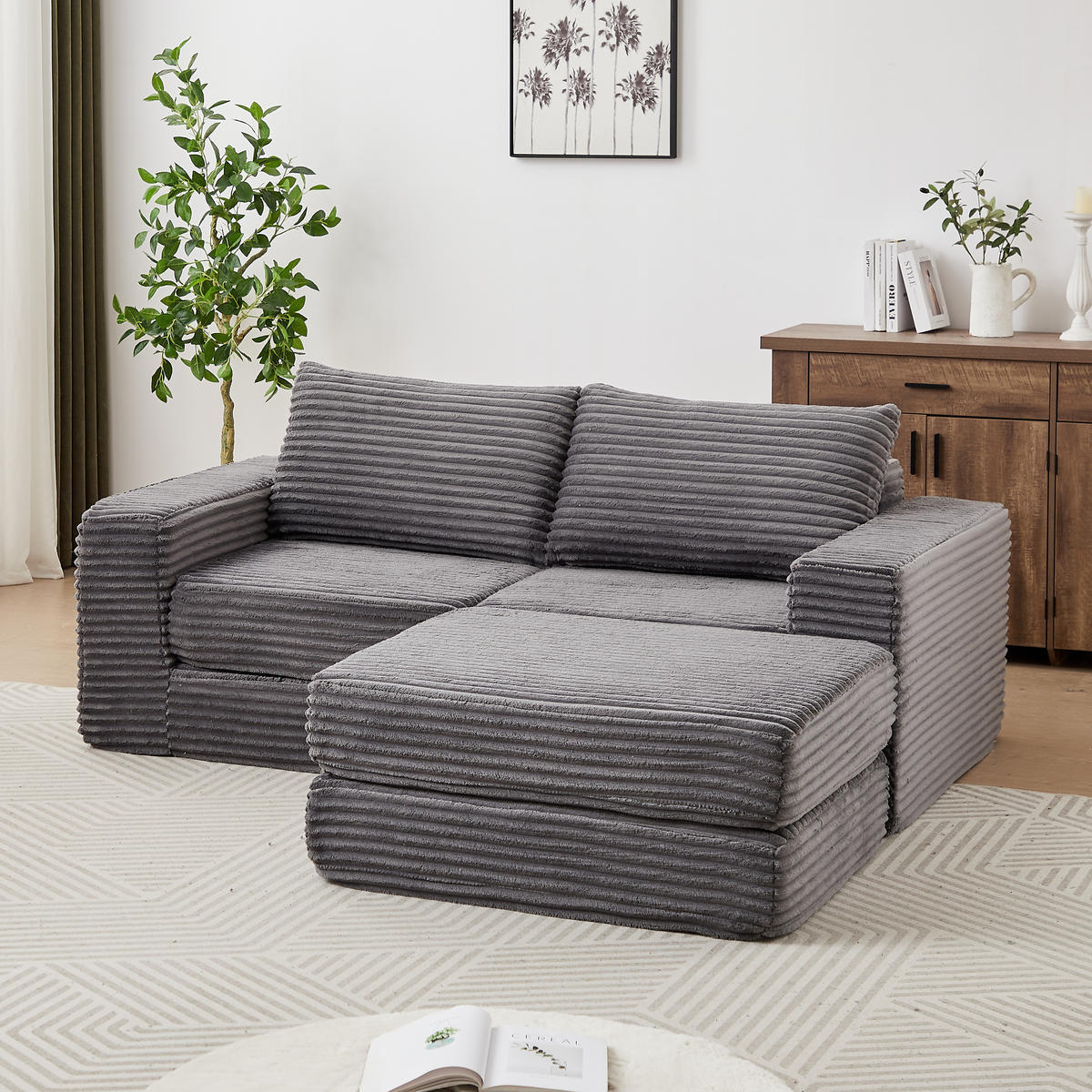 ECKSOFA DE-34544 2-in-1 mit Fußstütze und Kissen Grau - Grau, Textil (169.5/194cm) - ComfortXL