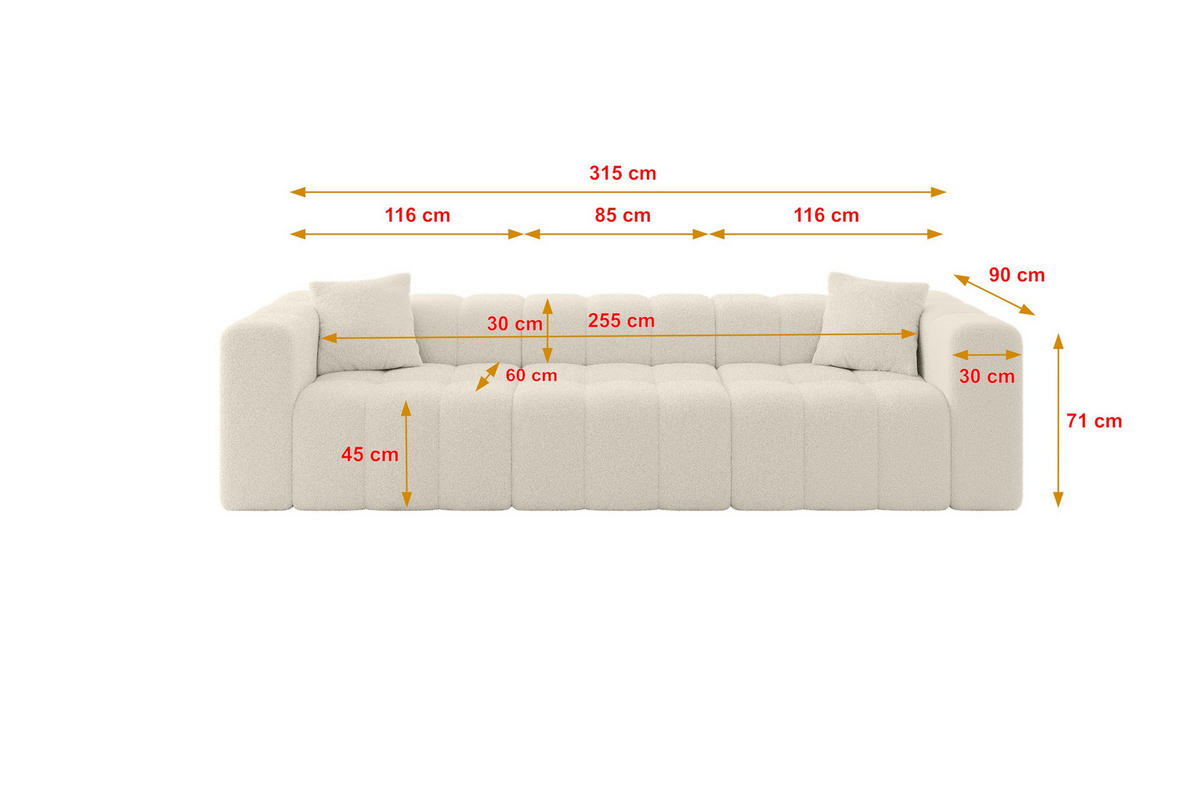 POHOVKA 3-MÍSTNÁ DONY-3 315x90x71 cm Béžová Buklé - černá/písková barva, kompozitní dřevo/textil (315/71/90cm) - ALTDECOR