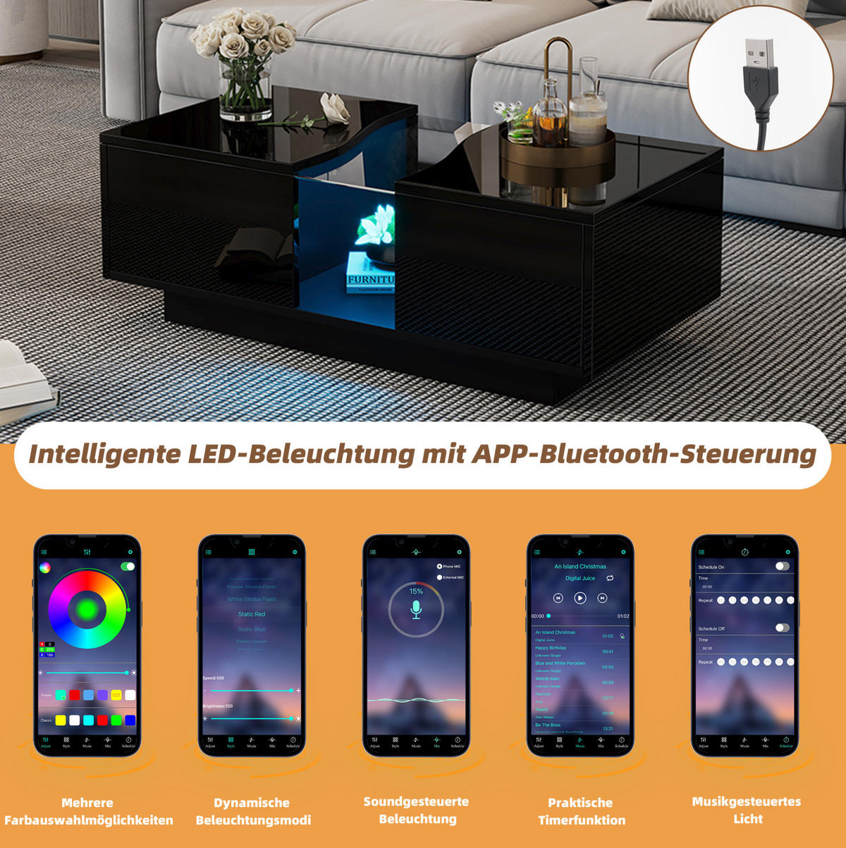 COUCHTISCH 100/50/35 cm schwarz Hochglanz mit 2 Schubladen und LED-Beleuchtung - Schwarz, Holzwerkstoff (100/50/35cm) - OKWISH