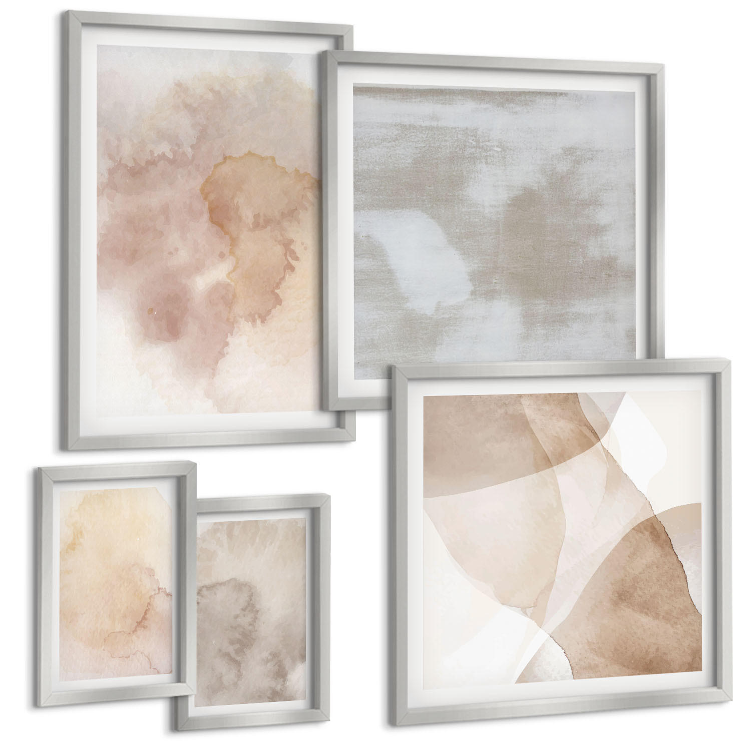 BILDER SET 5er Set - 50x50 cm & 20x30 cm & 40x60 cm Silberner Rahmen - Warme Aquarell-Pastelltexturen - Silberfarben, Kunststoff (40/60cm) - TULUP