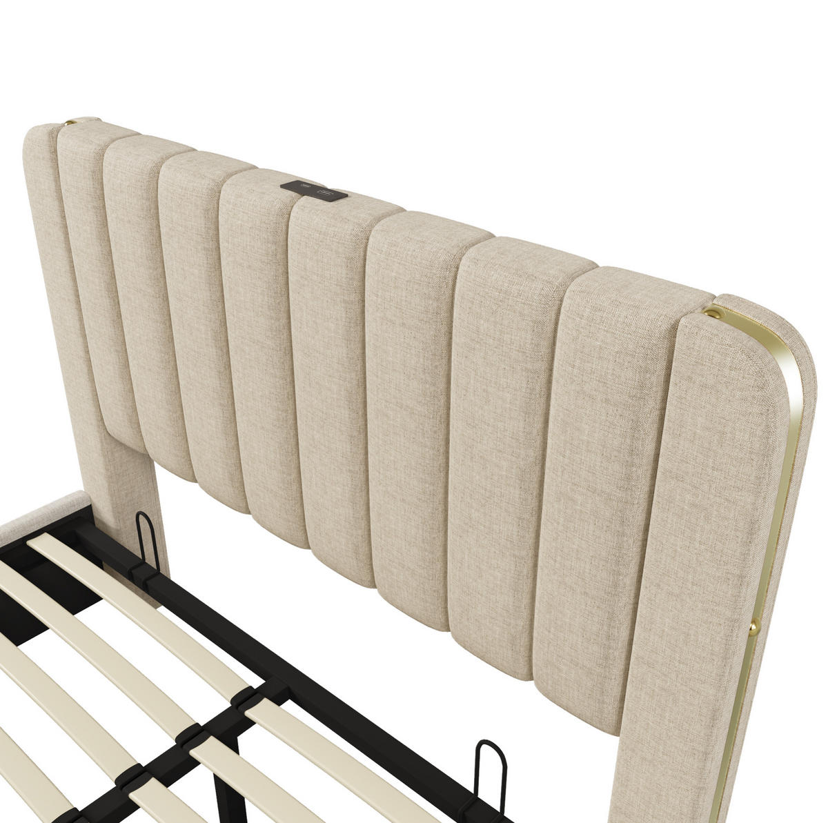 TAPECIRANI krevet od lana 140x200 cm bež s USB-C priključkom, hidrauličkim spremištem i madracem - bež, tekstil (140/200cm) - Modfu