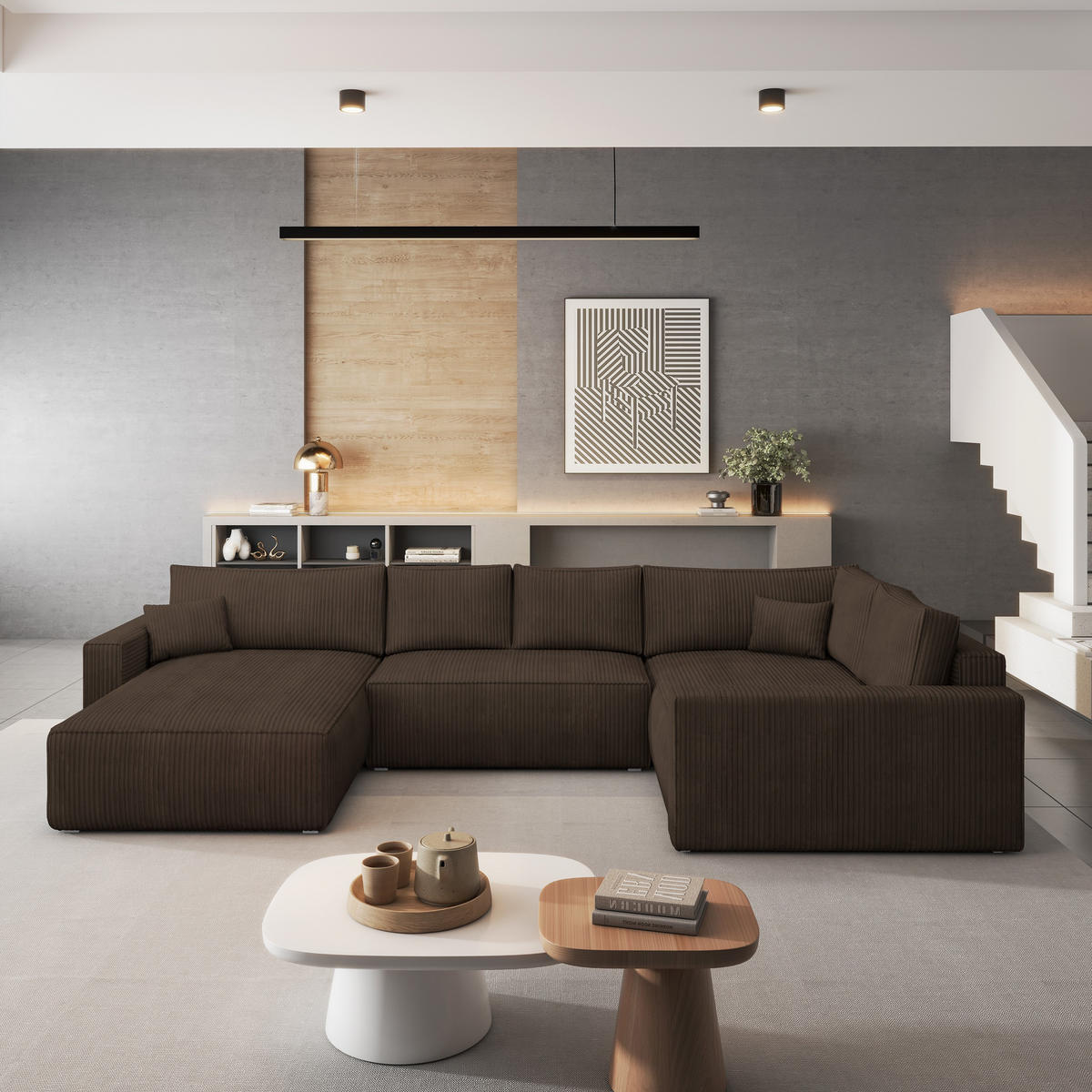 ROHOVÁ SEDAČKA VELAMI hnědá - šedá/hnědá, dřevo/textil (365/194cm) - MASSENO