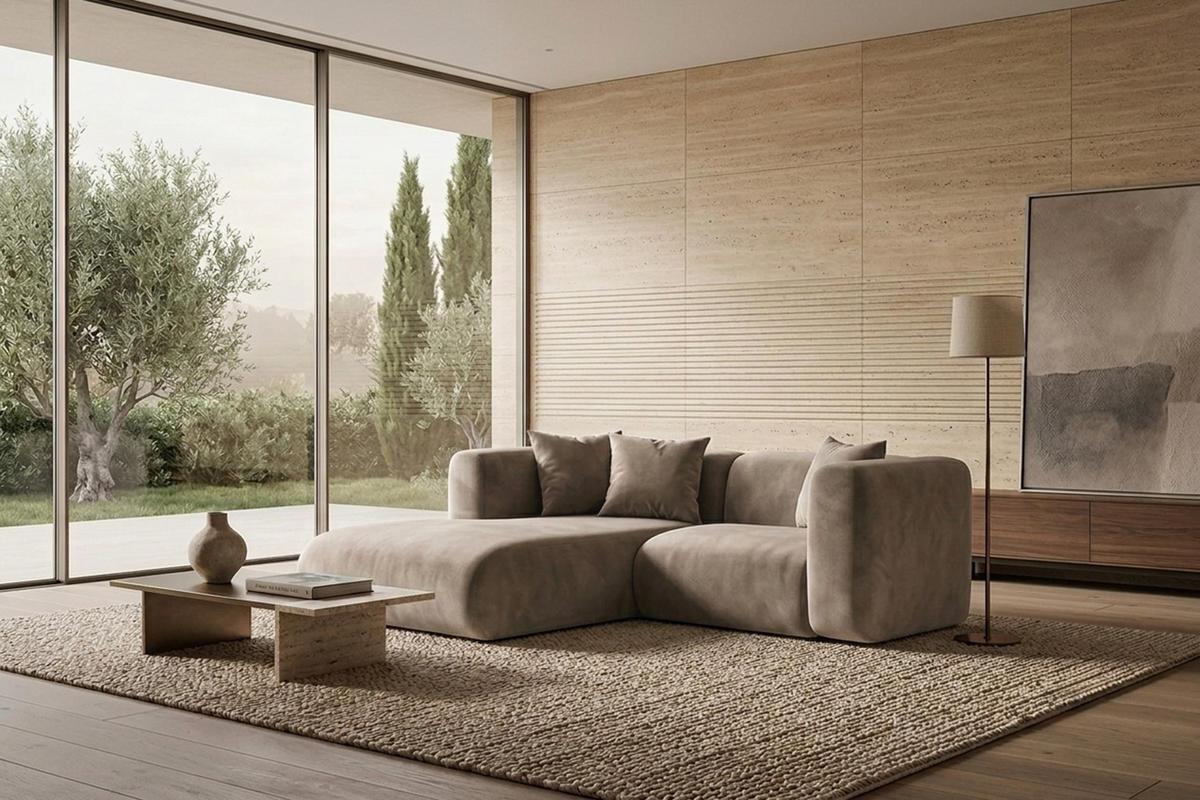 ECKSOFA L-Form mini, Velvet-Stoff Bluvel, Latte, Links, GRETA - Hellbraun, Holz (226/179cm) - Kaiser Möbel