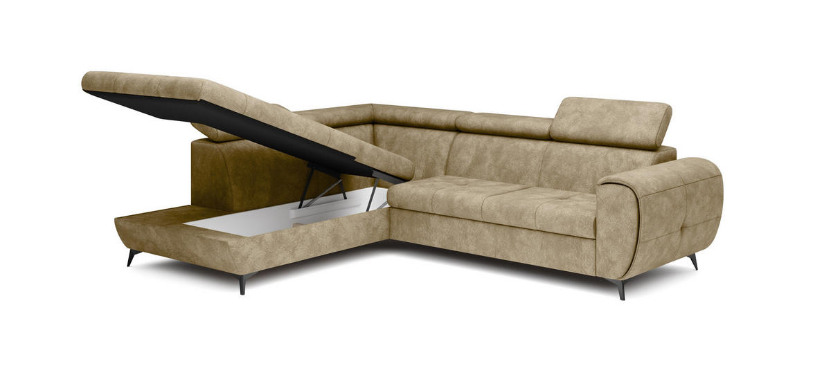 ECKSOFA MAGIA L-S Beige Plüsch-Stoff mit Schlaffunktion - Beige, Holz (260/217cm) - MASSENO