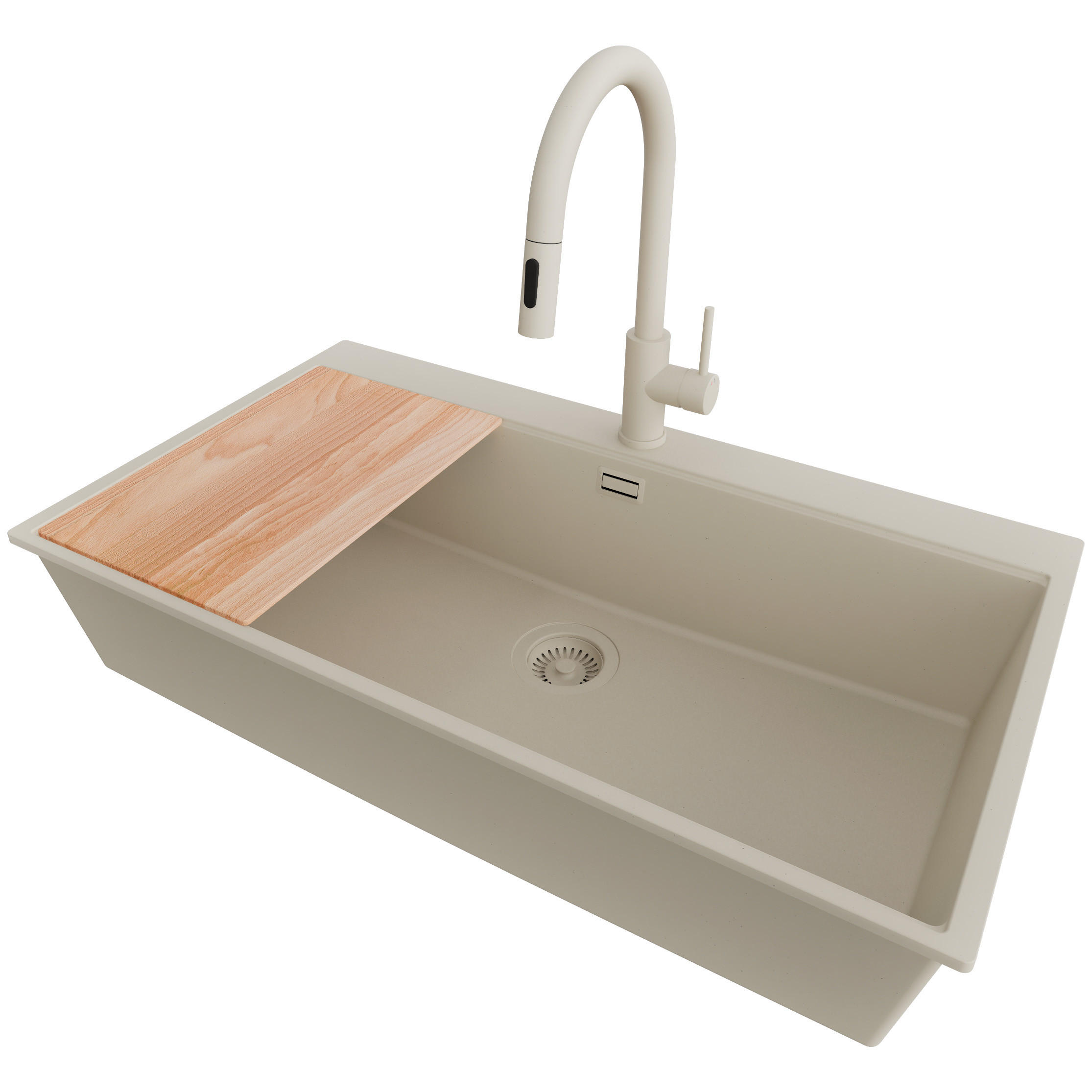 GRANITSPÜLE Oslo, 2-er set Beige 88/50 cm 1 Becken + Küchenarmatur 40/20 cm + Ablauf-Set + Schneidebrett ab 90er Unterschrank - Beige, Kunststoff (88/20/50cm) - Primagran