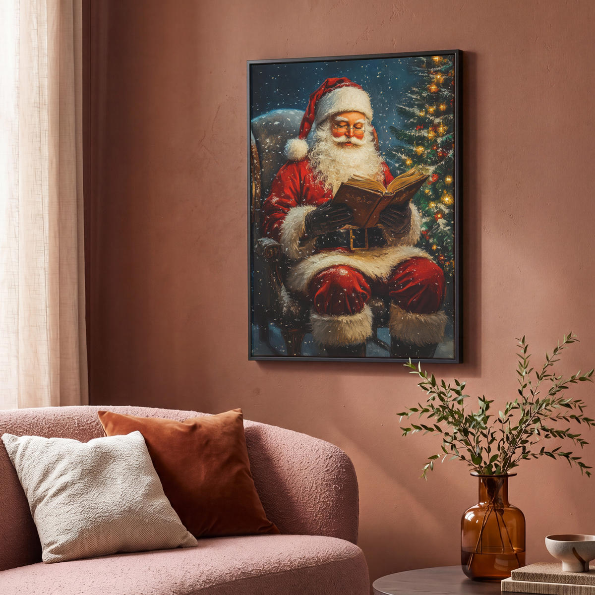 LEINWAND Bilder mit Rahmen - Weihnachtsmann - Weihnachten - Winter - Weihnachtsbaum - 70x100 - Bordeaux, Textil (70/100cm) - MuchoWow