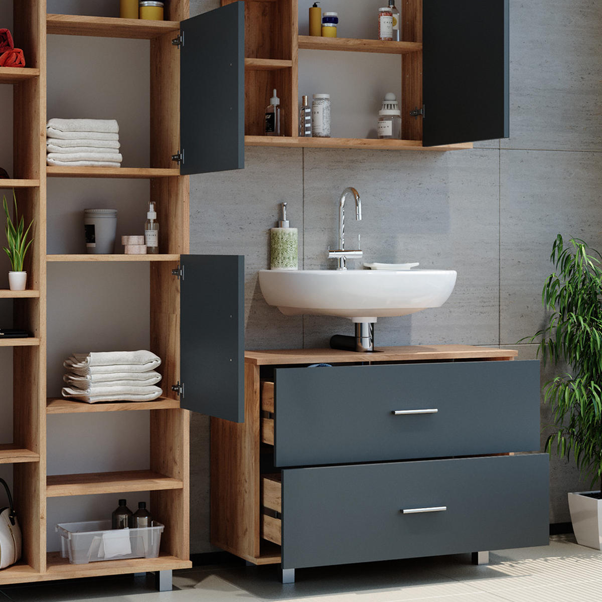 BADMÖBEL-SET Ilias Anthrazit/Goldkraft Eiche 3 Teile, mit Hochschrank - Honigeiche/Anthrazit, Holzwerkstoff (80.2/60.8/33cm) - Vicco
