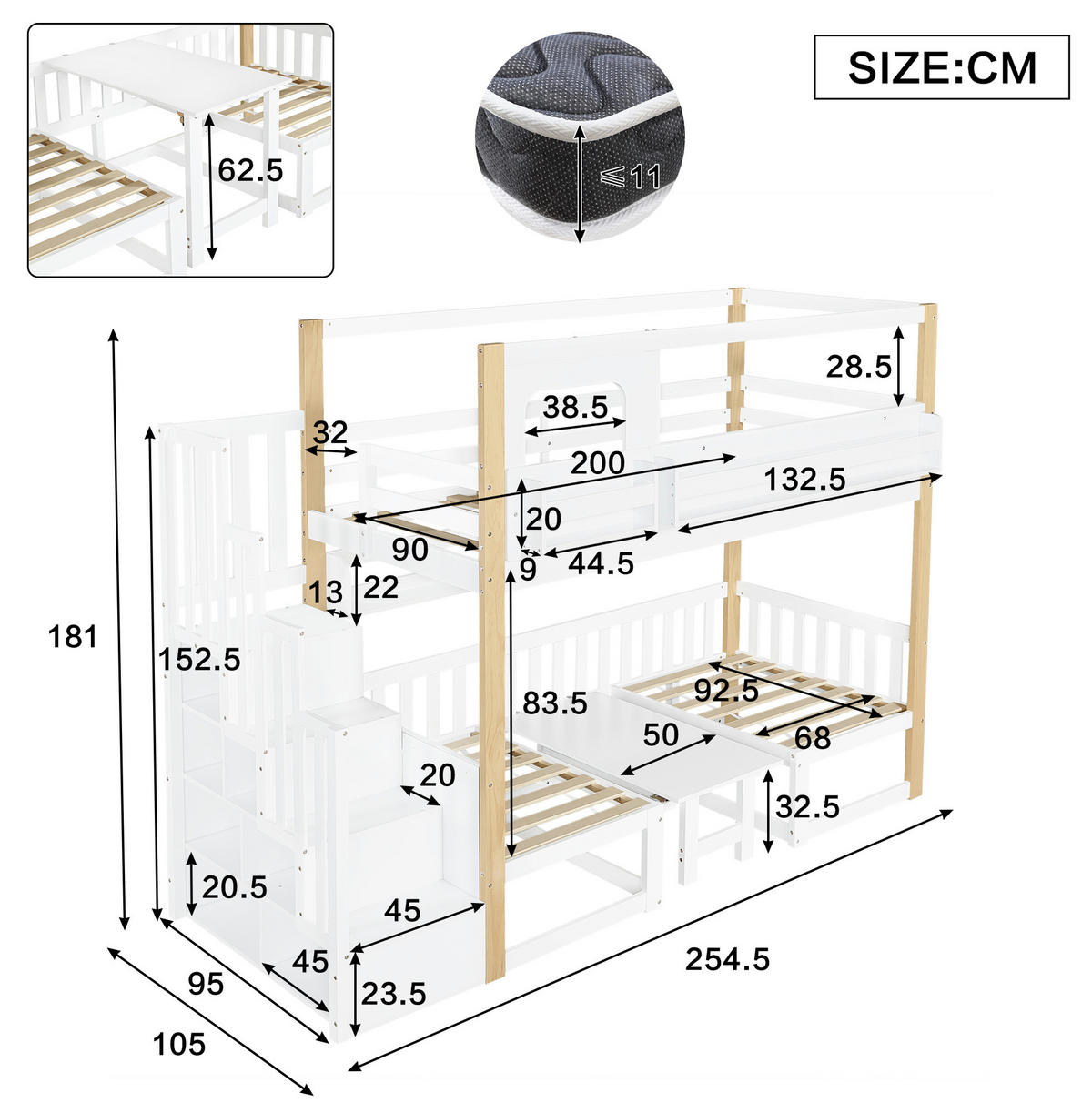 ETAGENBETT 90/200 cm weiß/natur aus Kiefer und MDF mit Klapptisch - Weiß, Holz (90/200cm) - OKWISH