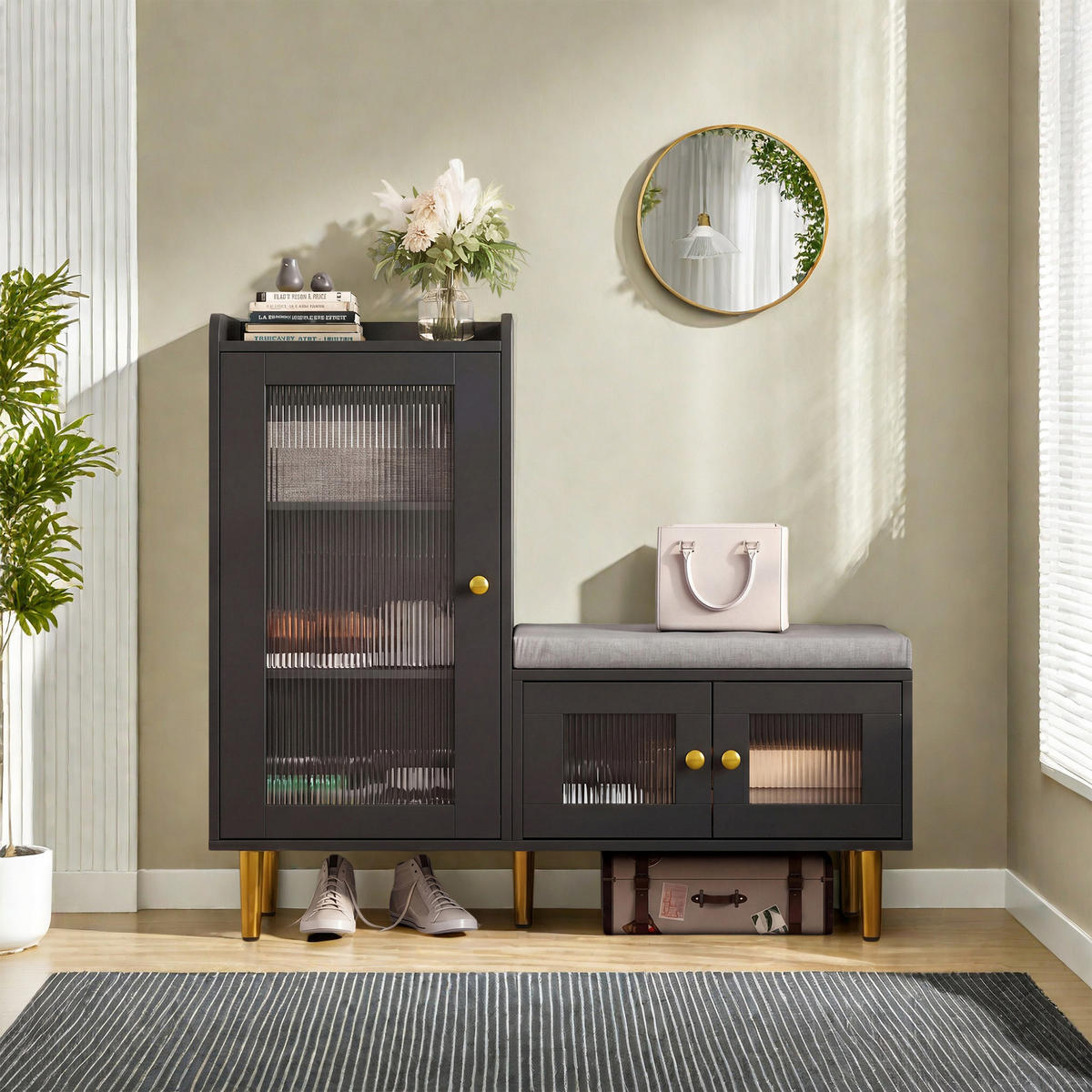 SCHUHSCHRANK mit Sitzbank, 3 Türen, verstellbare Einlegeböden, 100 x 35 x 90 cm, schwarz - Schwarz, Holz/Metall (35/90/100cm) - GENKI LIVING