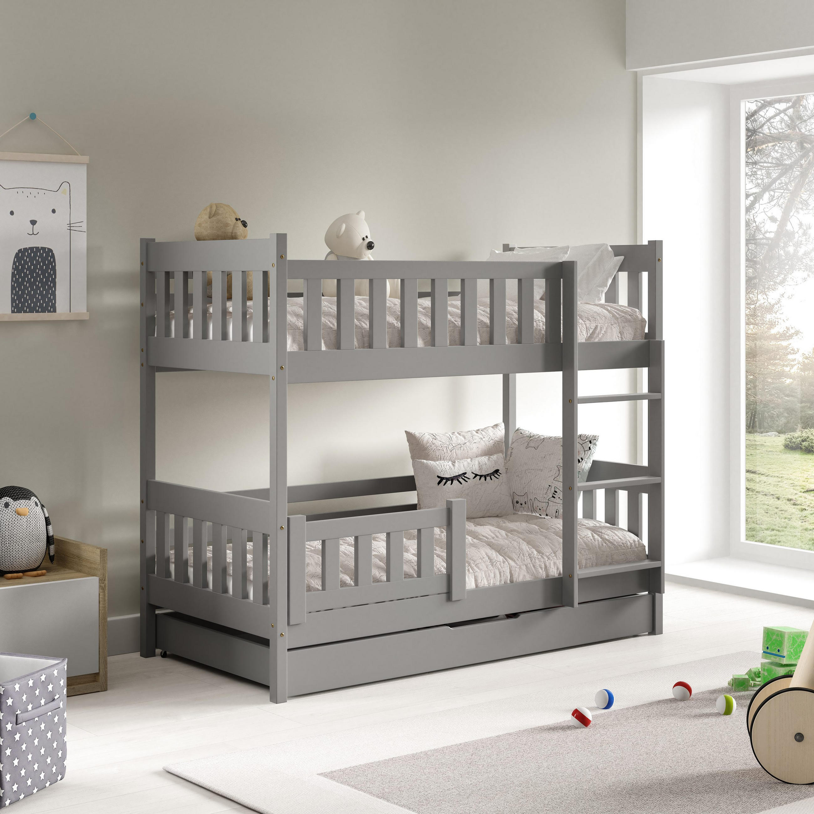 ETAGENBETT LUCIA mit Bettkasten 80x190 cm Hellgrau - Hellgrau, Holz (80/190cm) - MASSENO