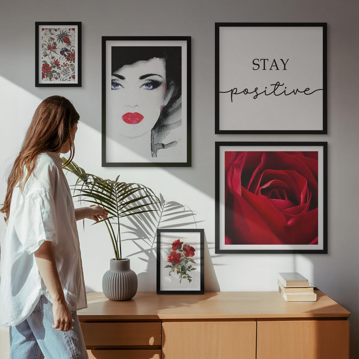 BILDER SET 5er Set - 50x50 cm & 20x30 cm & 40x60 cm Schwarzer Rahmen - Inschrift mit roten Rosen - Schwarz, Kunststoff (40/60cm) - TULUP