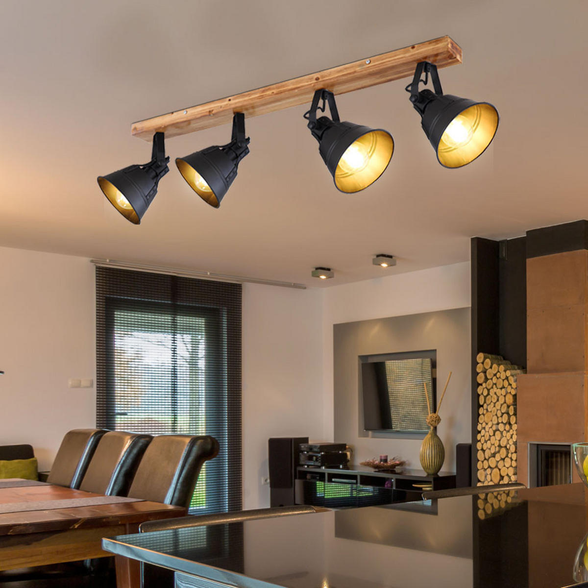 DECKENLEUCHTE Holz Metall Schwarz Matt - Schwarz, Holz (82/14/24cm) - Globo Lighting