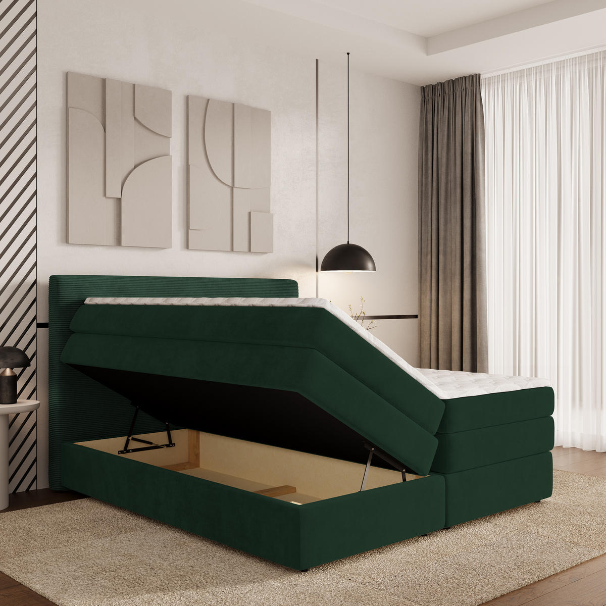 BOXSPRINGBETT MATERN 140x200 cm mit Matratze und Topper - Grün - Grün, Holz (140/200cm) - MASSENO