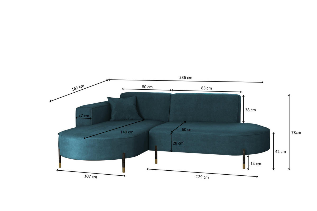 ECKSOFA L-Form Designer Modena Rein Stoff Noel Blau Links - Blau, Holz/Textil (165/236cm) - Kaiser Möbel