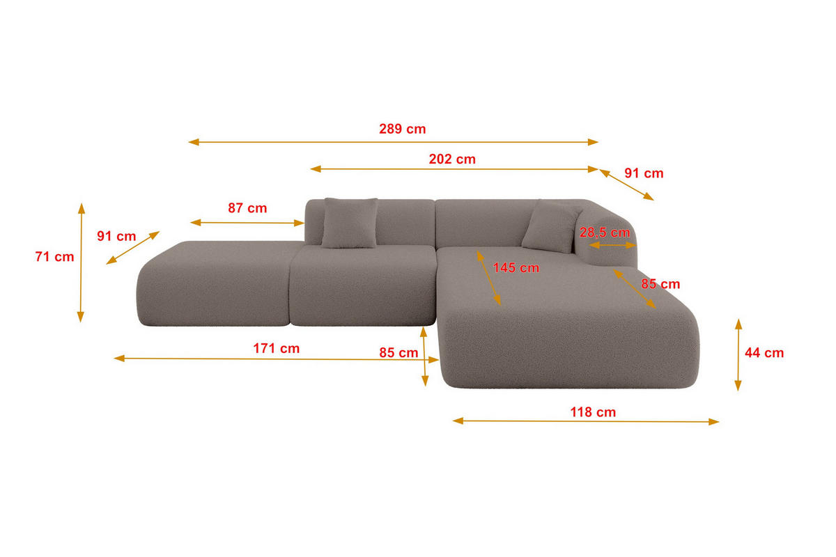 ECKSOFA Ottomane Rechts OVLY-L 289x176x71 Braun Bouclé - Schwarz/Braun, Holzwerkstoff/Kunststoff (289/176cm) - ALTDECOR