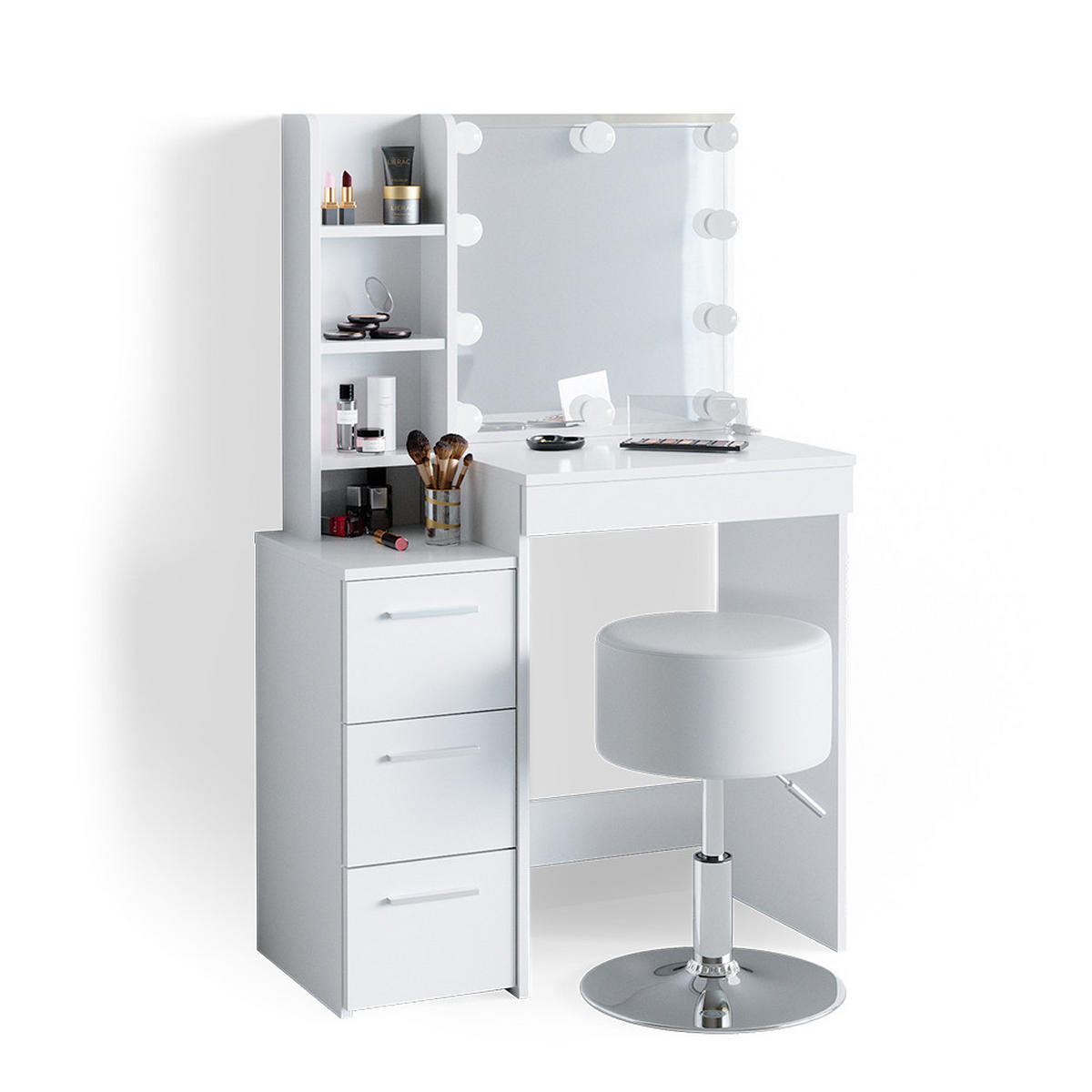 SCHMINKTISCH Meryl Weiß 79.9 cm mit LED Beleuchtung und Hocker - Weiß, Holzwerkstoff (40/127.4/79.9cm) - Vicco