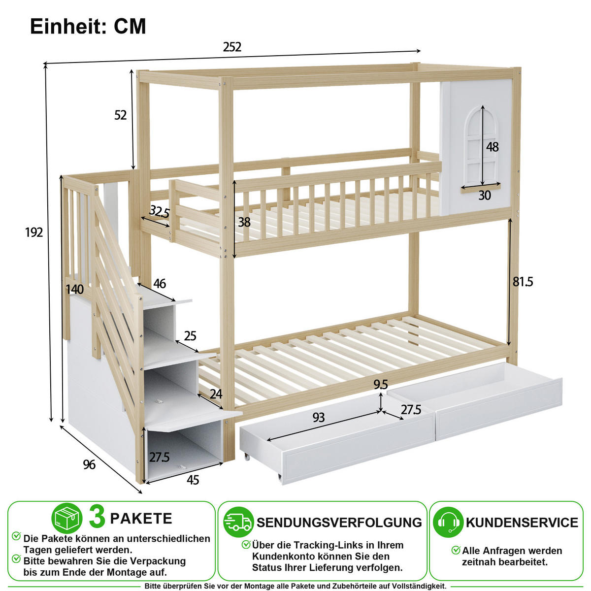 ETAGENBETT 90/200 cm & 90/200 cm in Natur mit Schubladen, Leiter und Hausdesign - Naturfarben, Holz/Holzwerkstoff (90/200cm) - CHICFURN