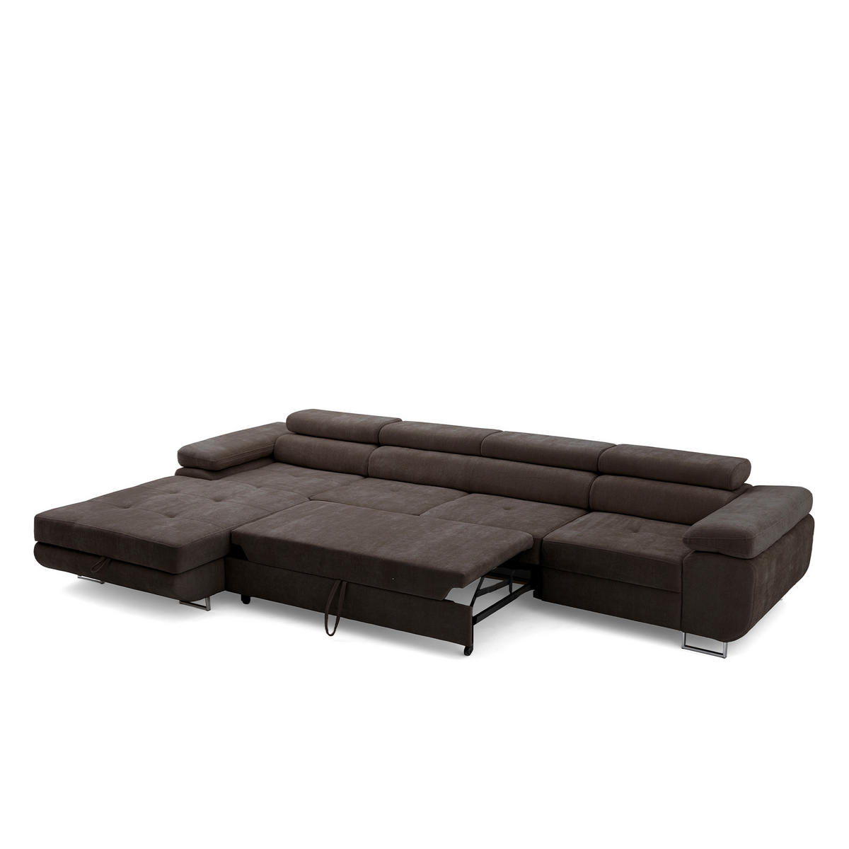 ECKSOFA ALONZO MAXI Links mit Schlaffunktion 125x195 Chenille Dunkelbraun - Chromfarben/Dunkelbraun, Holz/Textil (350/203cm) - Muffo