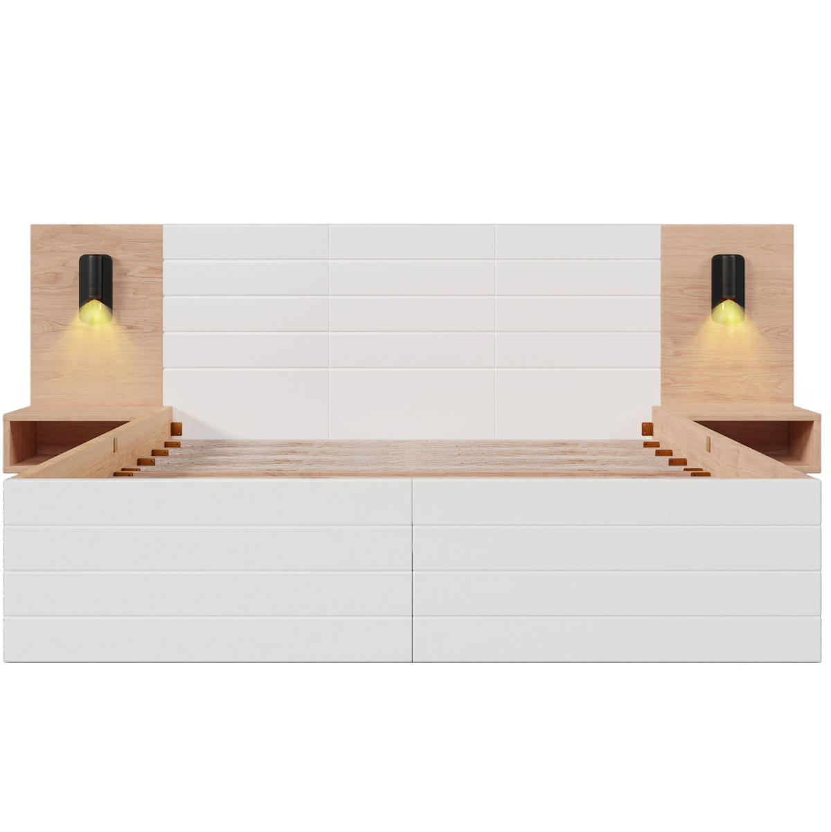 DOPPELBETT 160/200 cm Eiche und Weiß mit Leselicht und USB-Anschluss - Weiß, Holzwerkstoff (160/200cm) - OKWISH