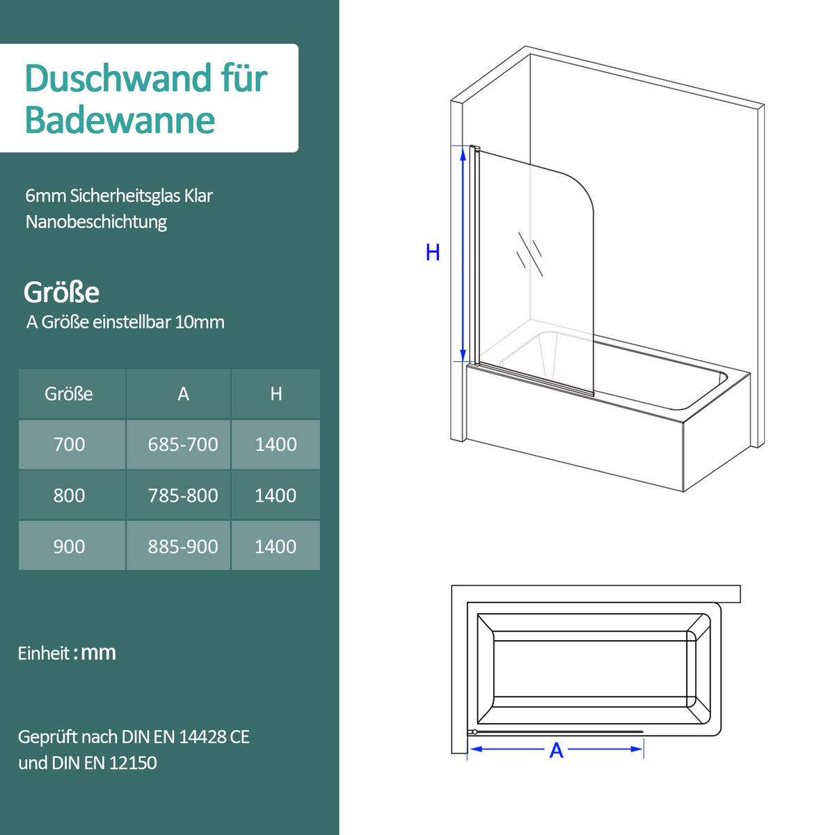 DUSCHWAND für Badewannen mit Schwenkfunktion Leicht zu Reinigen 140/90 cm - Transparent, Glas (90/140cm) - EMKE