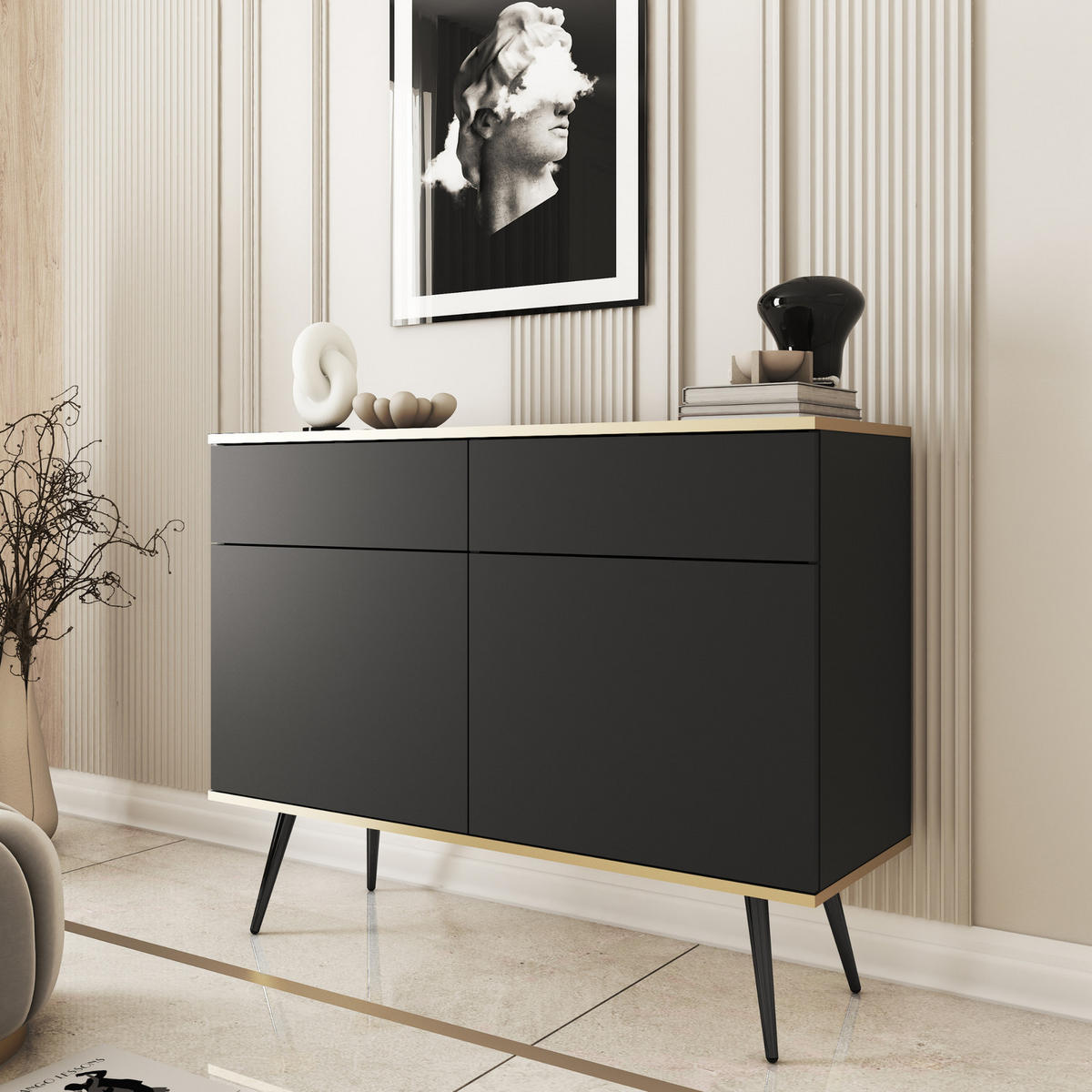 KOMMODE FORNO (Schwarz, Goldene Details, 2 Türen, 2 Schubladen, schwarze Metallfüße) - Schwarz, Holz/Holzwerkstoff (107/85/39cm) - Ravio