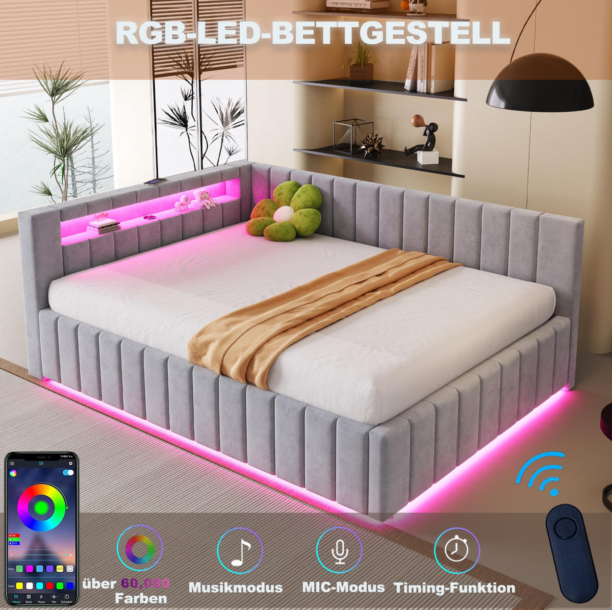 POLSTERBETT 140/200 cm aus Samt mit LED-Beleuchtung USB und Stauraum Grau - Hellgrau, Textil (140/200cm) - Modenvie