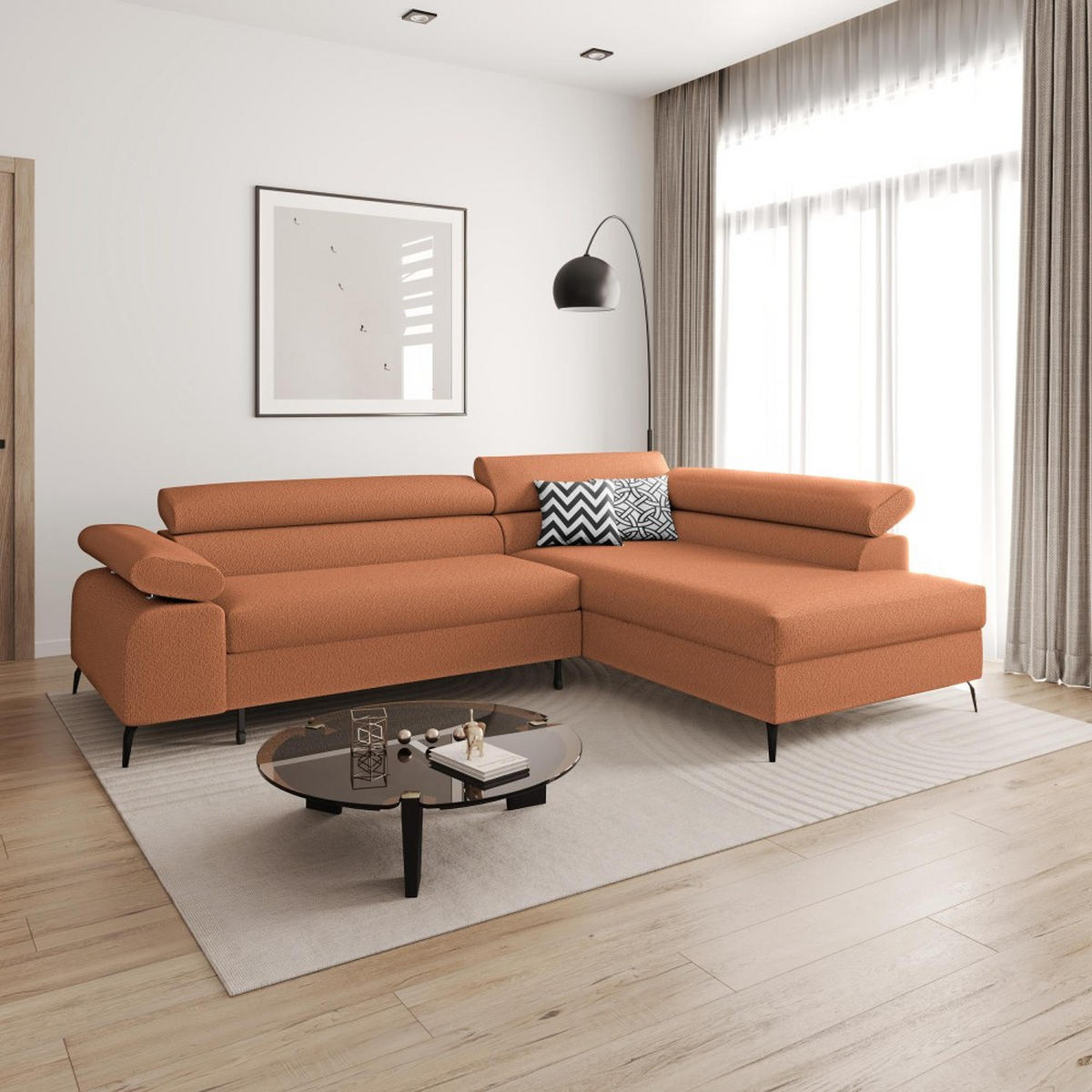 ECKSCHLAFSOFA Mellow mit Bettkasten, Ziegelrot, rechts - Rostfarben/Schwarz, Textil (270/205cm) - Beautysofa