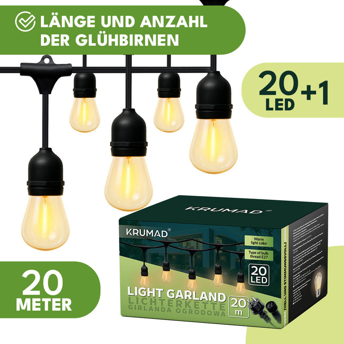 AUSSENLEUCHTE Girlande LED Außen Lichterkette 20m - Schwarz, Kunststoff (20000/10/10cm) - KRUMAD