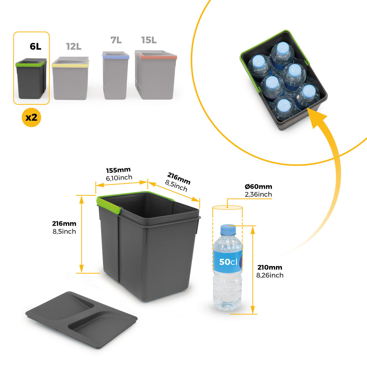 RECYCLINGBEHÄLTER für Küchenschublade, Höhe 216mm, 2x6Liter, Kunststoff anthrazitgrau 2er-set - Anthrazit, Kunststoff (15.5/22/21.6cm) - EMUCA