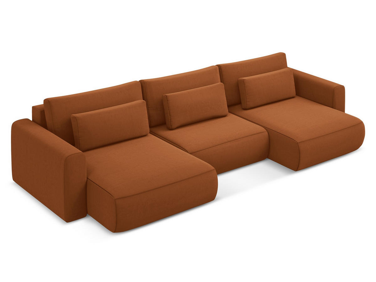 WOHNLANDSCHAFT Samt Stoff Orange - Terra cotta/Schwarz, Kunststoff/Textil (340/82/149cm) - Makamii