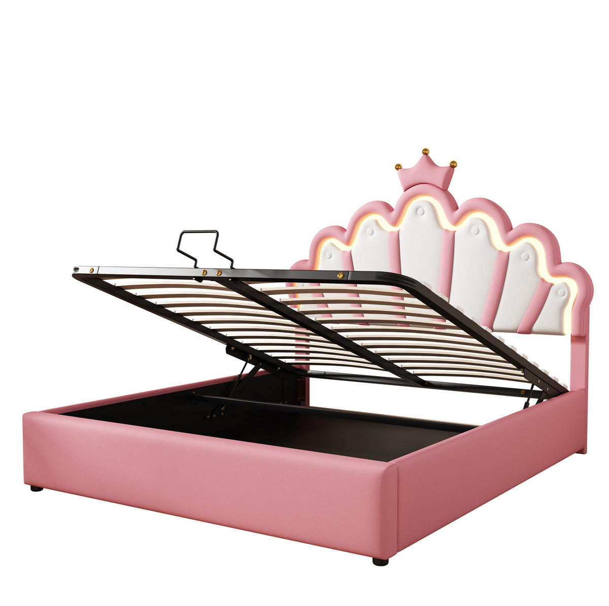 POLSTERBETT aus PU-Kunstleder 140x200 cm Rosa mit LED-Beleuchtung, hydraulischem Bettkasten und Kronen-Kopfteil - Rosa, Kunststoff (140/200cm) - Modfu