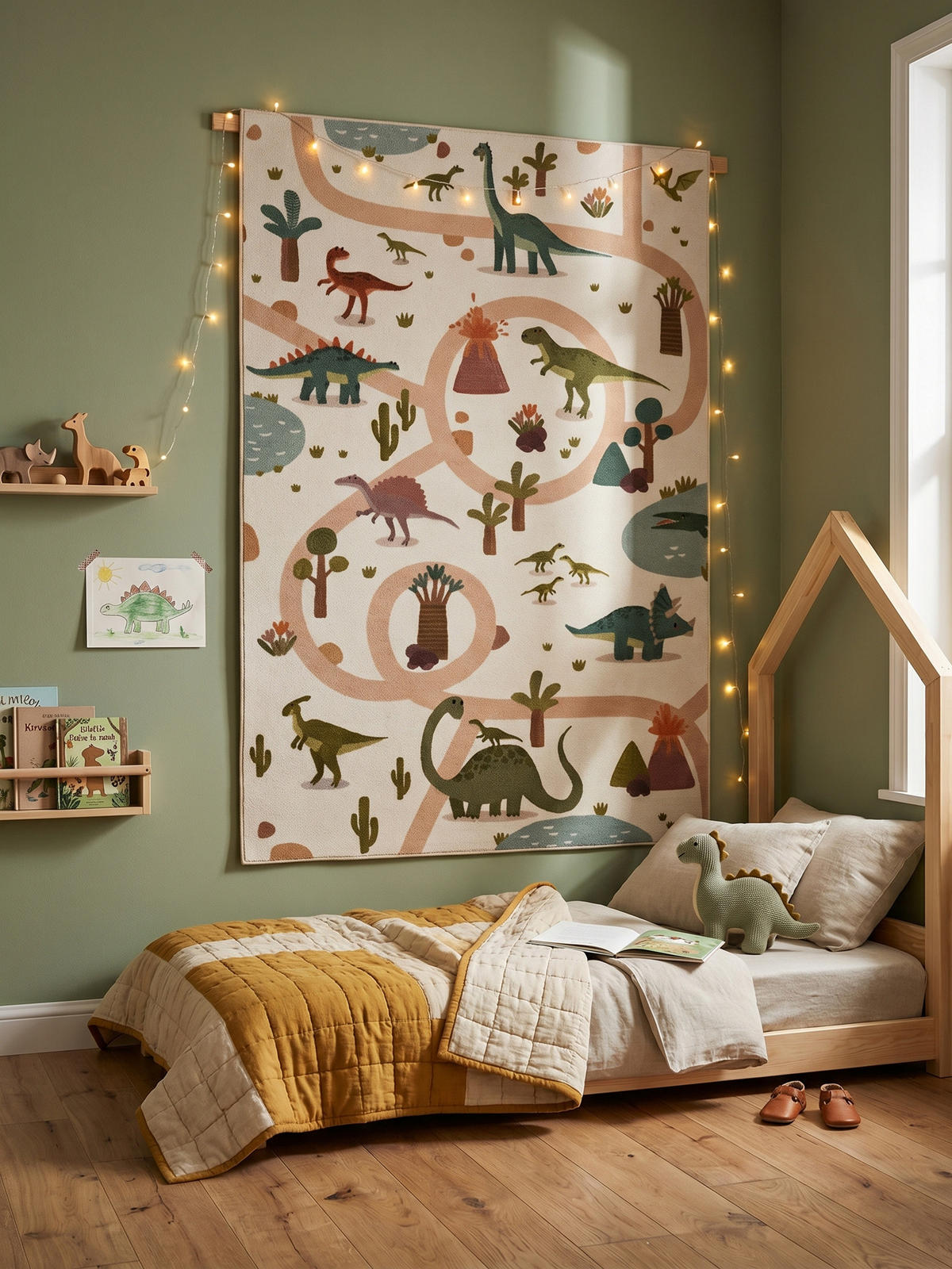 KINDERTEPPICH Kurzflor Dinosaurier-Landschaft Waschbar OEKO-TEX Spielteppich Jungen Mädchen Creme 120x170 – TINO - Creme, Textil (120/170cm) - KADIMA DESIGN