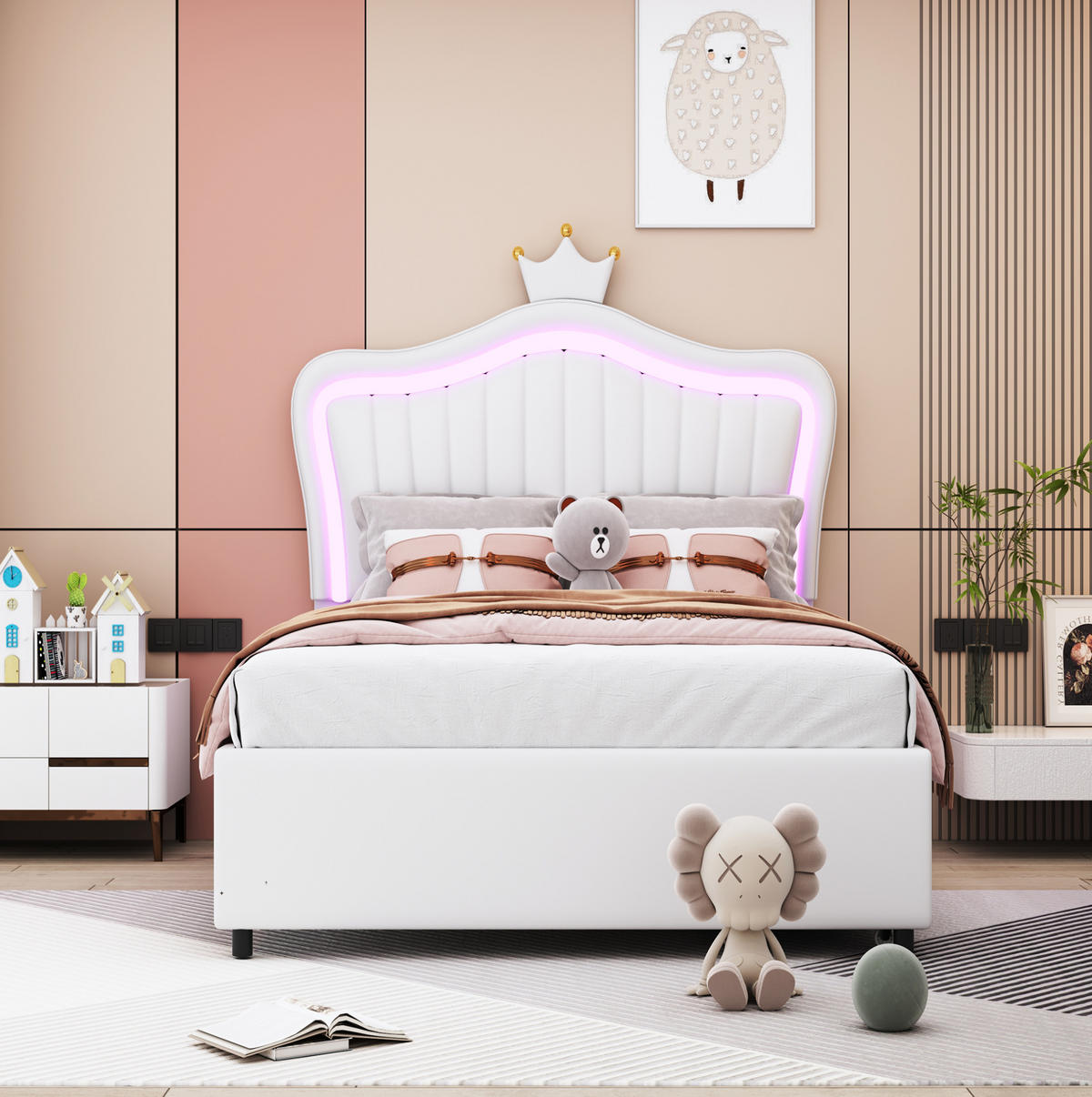 KINDERBETT 90/200 cm mit LED-Beleuchtung, 2 Schubladen, verstellbarem Kopfteil und Kunstlederbezug, Weiß - Weiß, Kunststoff (90/200cm) - Redom