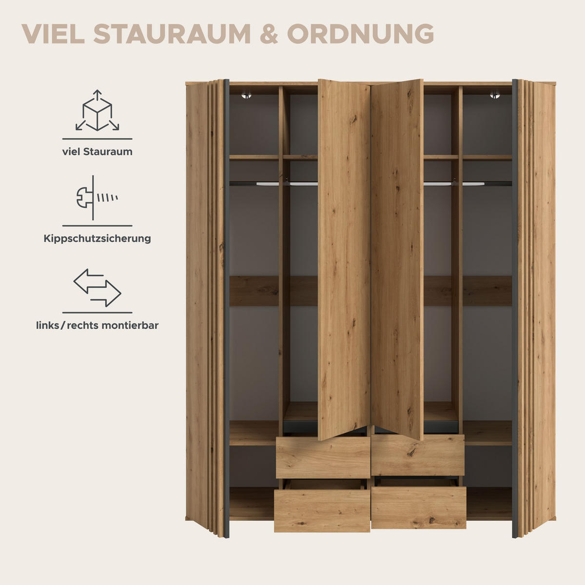 KLEIDERSCHRANKKOMBINATION TOFTA (B/H/T: ca. 160/190/56 cm) in Artisan Eiche Nachbildung/Artisan Eiche Nachbildung - Eiche Artisan, Holzwerkstoff (160/190/56cm)