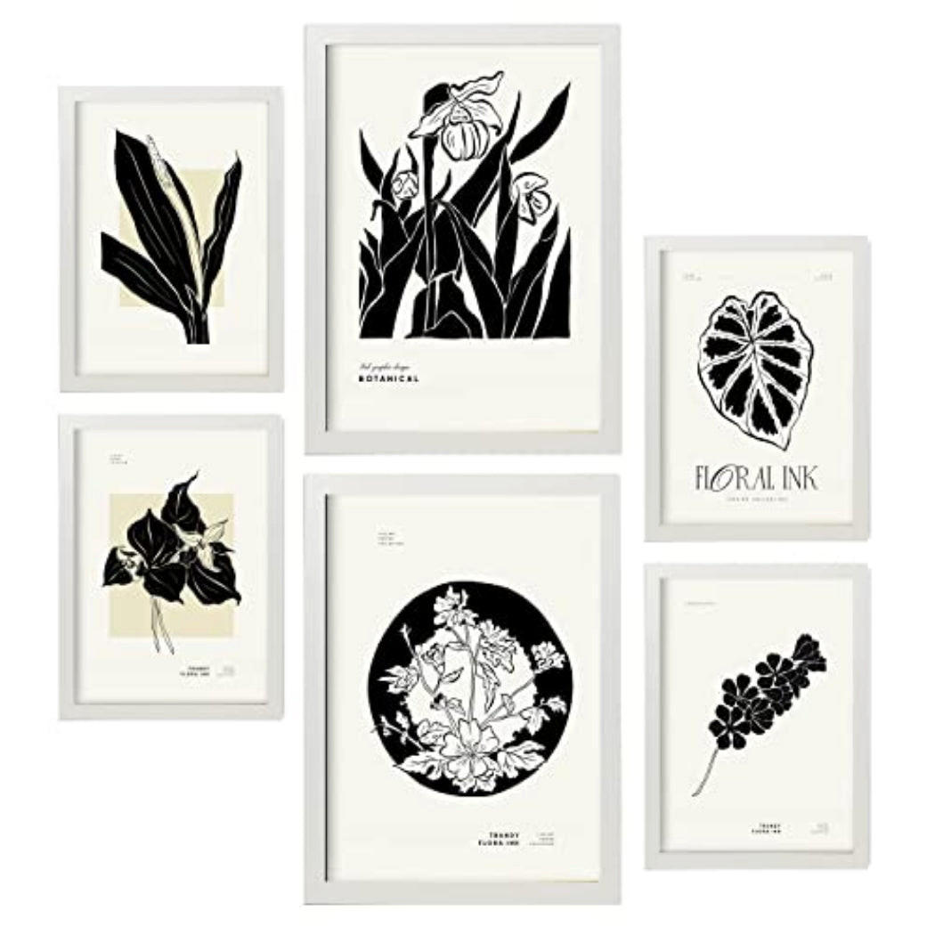 POSTER Set Mit 6 In Schwarzer Tinte Tropische Tinten Kunstdrucke Im Skizzenstil Für Innenarchitektur A3 & A4 Weißer Rahmen - Weiß, Papier (29/3cm) - Nacnic