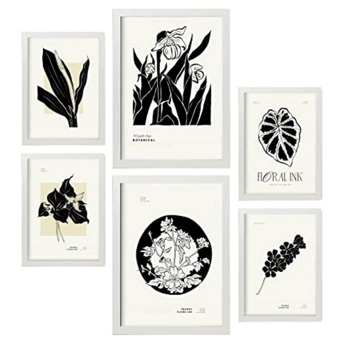 POSTER Set Mit 6 In Schwarzer Tinte Tropische Tinten Kunstdrucke Im Skizzenstil Für Innenarchitektur A3 & A4 Weißer Rahmen - Weiß, Papier (29/3cm) - Nacnic