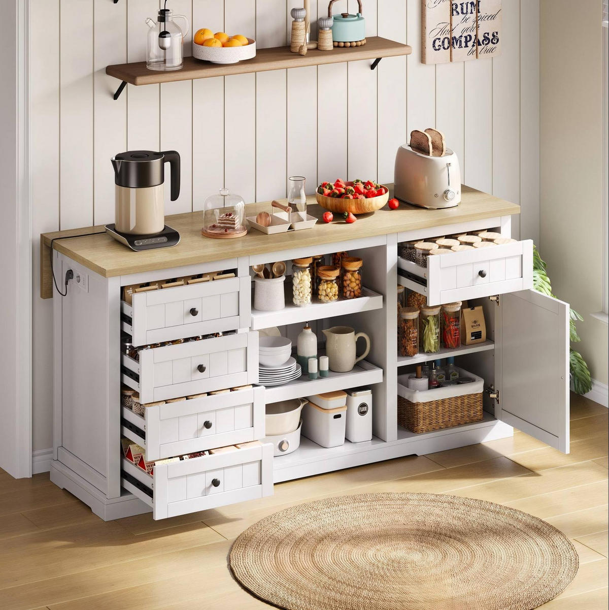 BUFFET 150/65/75,5 cm natur/weiß aus MDF mit Klappplatte und Steckdosen - Naturfarben, Holzwerkstoff (150/75.5/65cm) - OKWISH