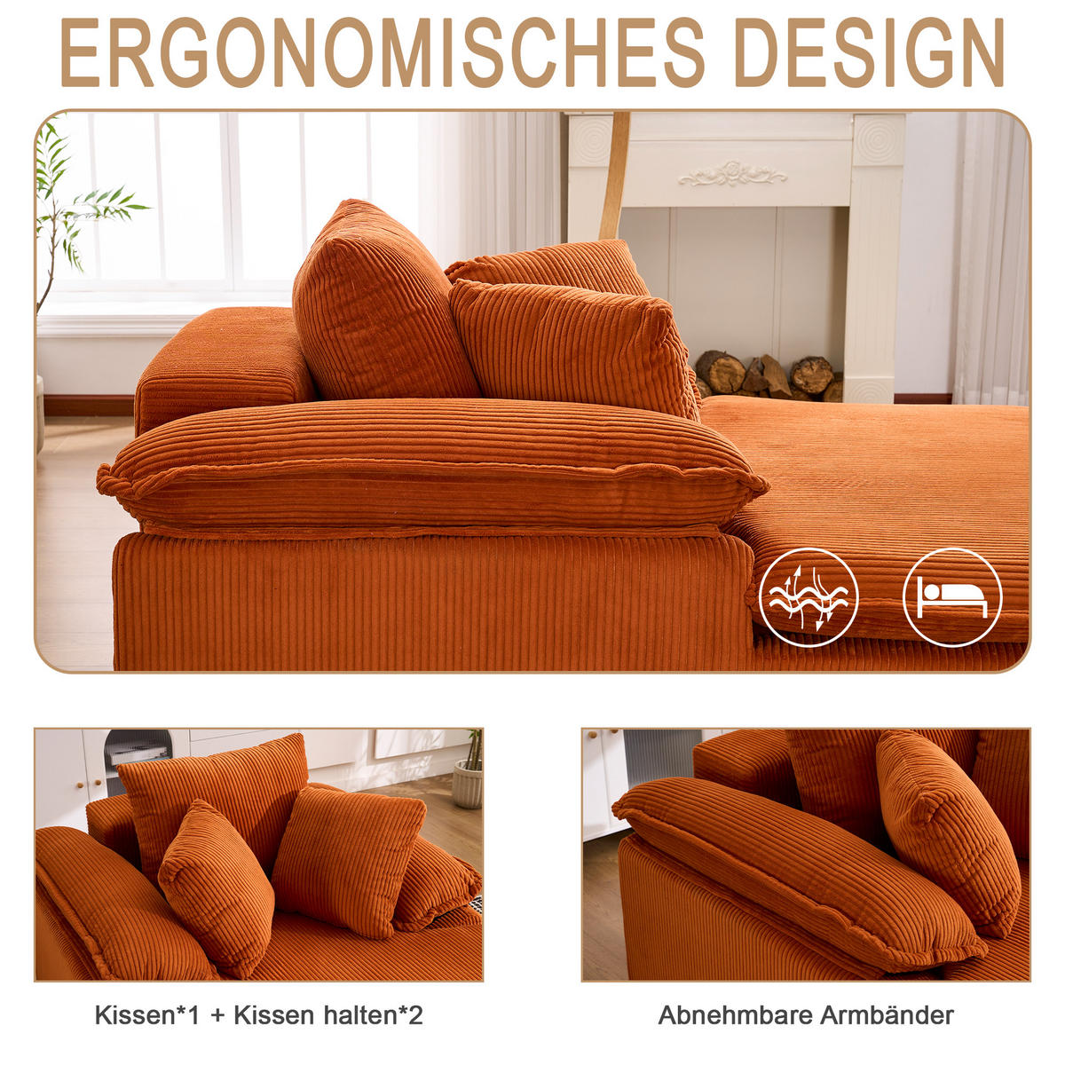 RECLINER Sofa Cord ergonomisch und ohne Montage 177/122/92 cm Orange - Orange, Textil (122/92/177cm) - Redom