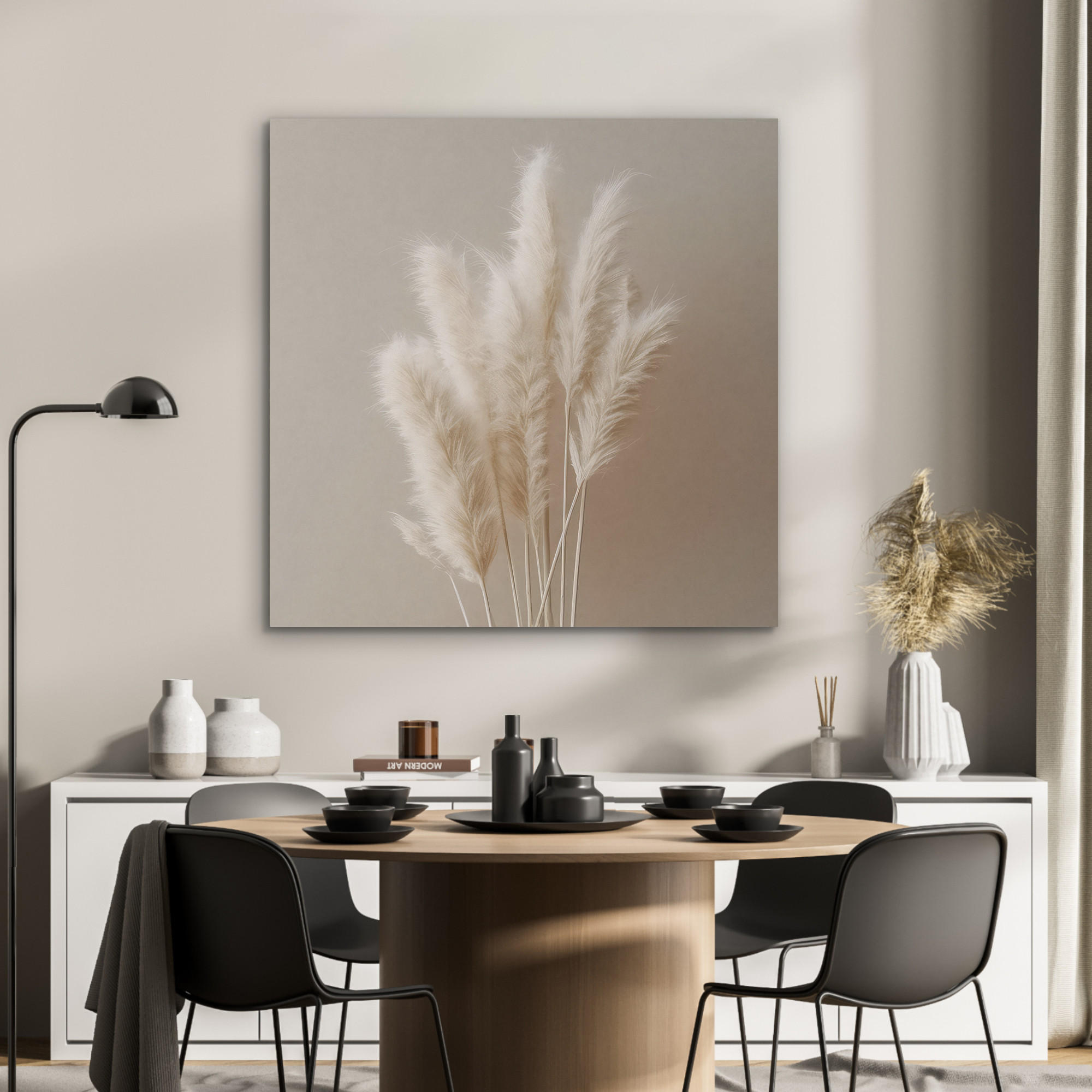 AKUSTIKPANEEL Pampasgras - Federn - Pastell - Weiß 90x90 cm - Naturfarben, Textil (90/0.9/90cm) - MuchoWow