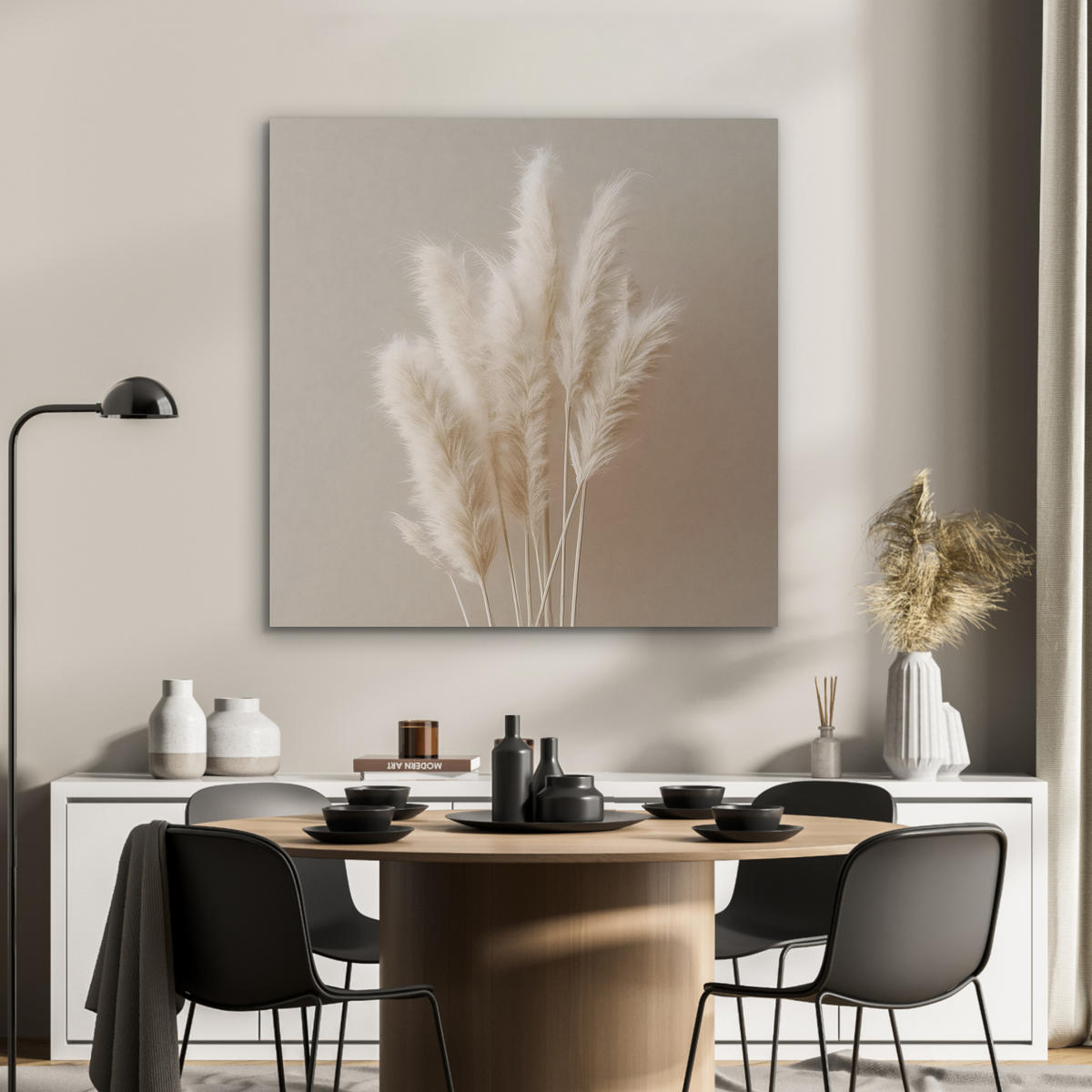 AKUSTIKPANEEL Pampasgras - Federn - Pastell - Weiß 90x90 cm - Naturfarben, Textil (90/0.9/90cm) - MuchoWow