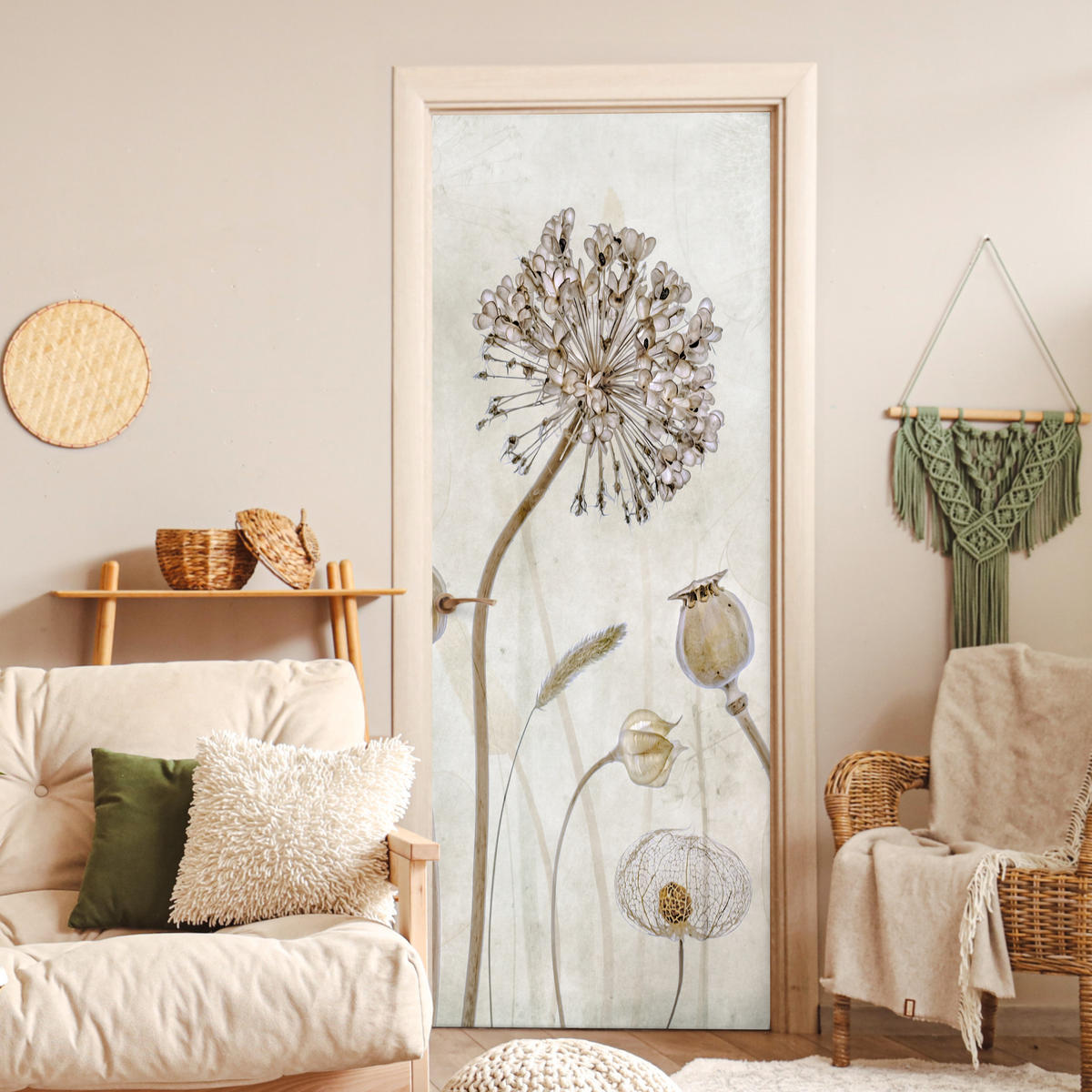 FOTOTAPETE Tür - Blumen - Aquarell - Stilleben - Braun - Vintage 95x235 cm - Ecru, Kunststoff (95/0.1cm) - MuchoWow