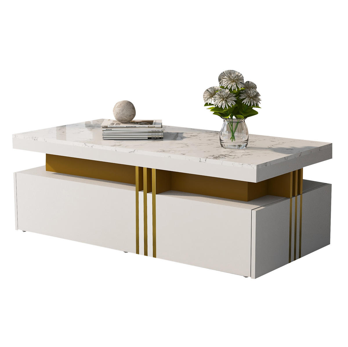 TV-ELEMENT aus Spanplatte, TV-Schrank 200x40x42 cm und Couchtisch 100x50x40 cm, Weiß, mit Schubladen und Marmor-Optik - Weiß, Holzwerkstoff (200/42/40cm) - Modfu