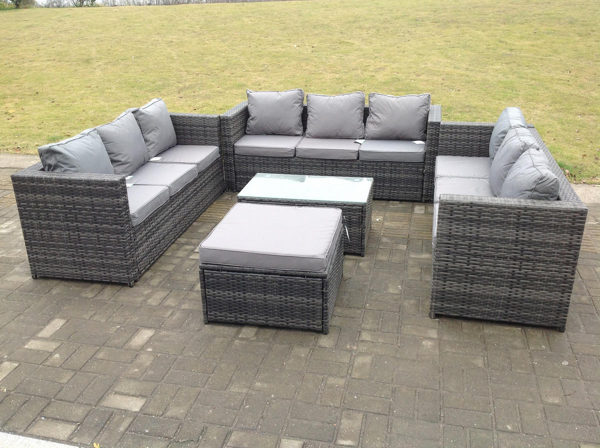 GARTENSET Polyrattan 10-Sitzer - Dunkelgrau/Grau, Glas/Kunststoff - Fimous