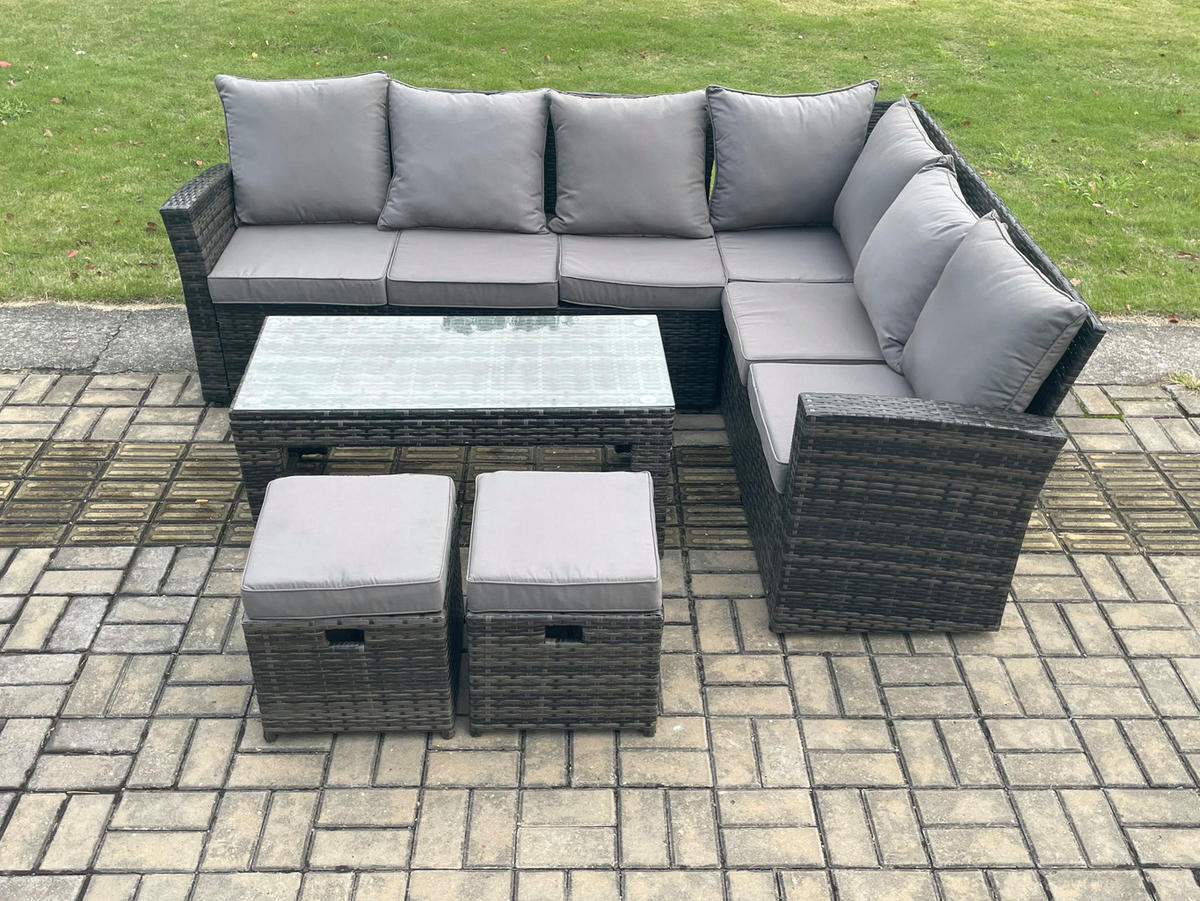 GARTENSOFA SET Hohe Rückenlehne Polyrattan Dunkelgrauer Mix 8-Sitzer - Dunkelgrau/Grau, Glas/Kunststoff - Fimous
