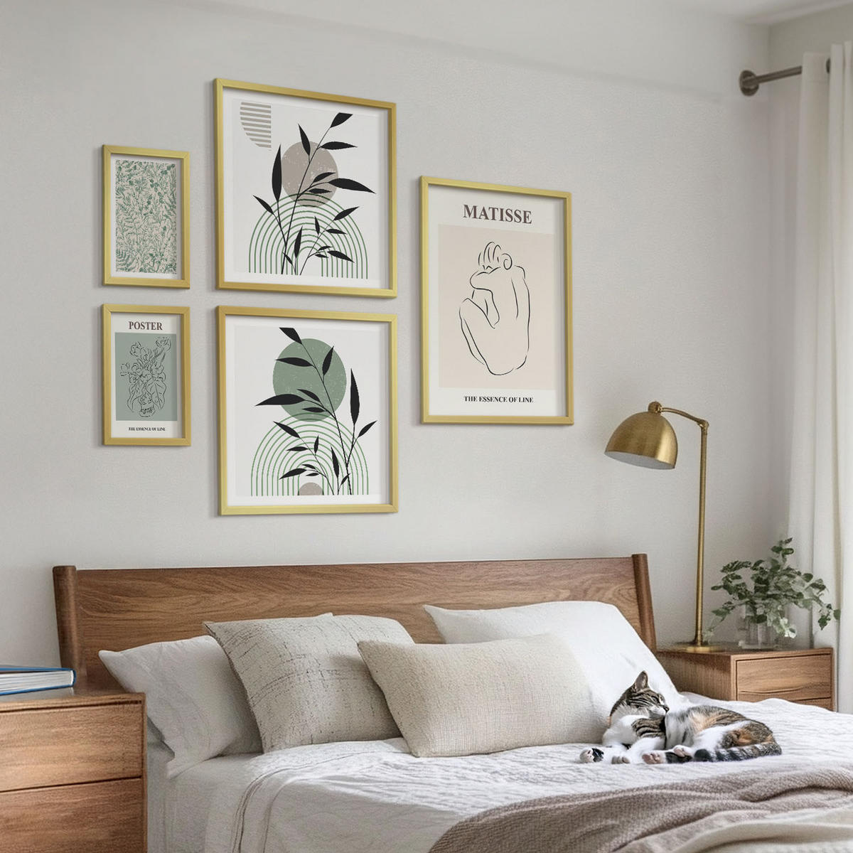 BILDER SET 5er Set - 50x50 cm & 20x30 cm & 40x60 cm Goldrahmen - Linien, Pflanzenmuster, Minimalismus - Goldfarben, Kunststoff (40/60cm) - TULUP