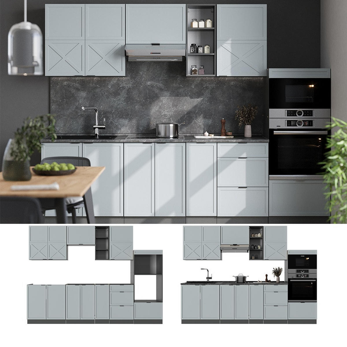 KUHINJSKI BLOK Fame-Line, Svetlo modro-siva/Antracit, 280 cm brez delovne plošče - svetlo modra/antracit, leseni material (280/153.6/46cm) - Vicco
