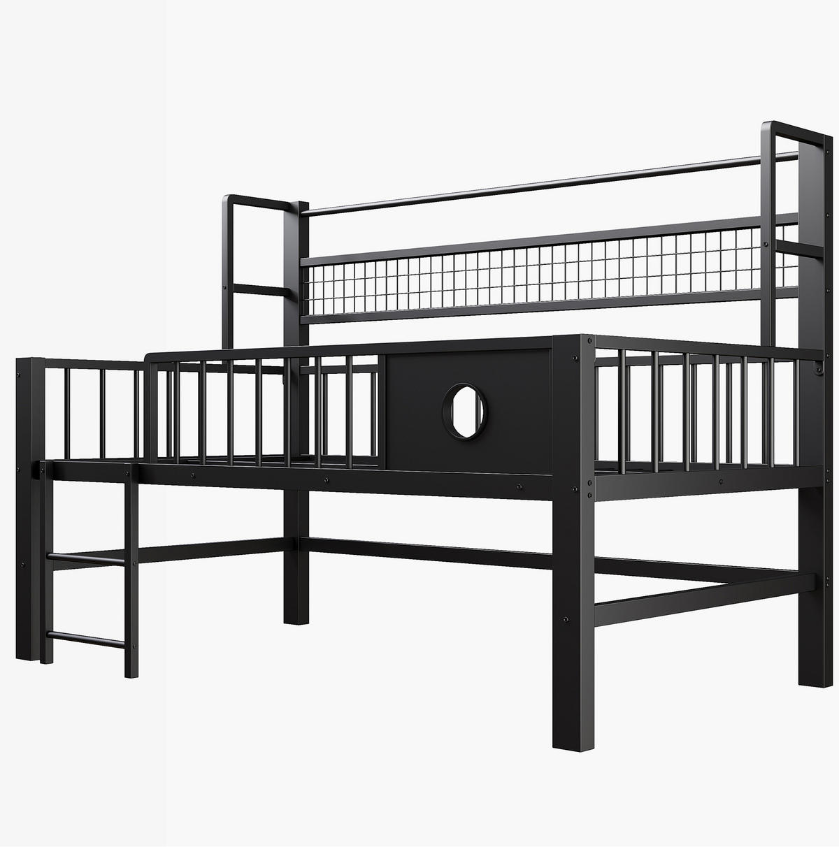 KINDEREINZELBETTEN aus Metall 90x200 cm in Schwarz mit Sicherheitsgitter & Stauraum - Schwarz, Metall (90/200cm) - Modfu