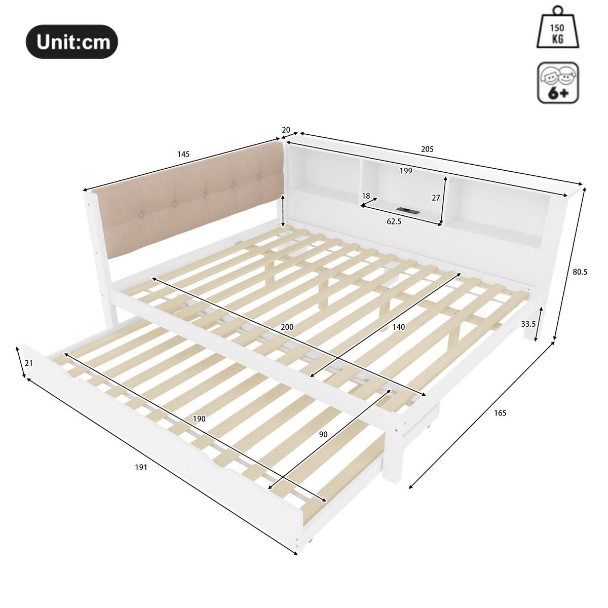 TAGESBETT 140/200 cm weiß aus Kiefernholz mit ausziehbarem Bett und dimmbarer LED-Beleuchtung - Weiß, Holz (140/200cm) - OKWISH